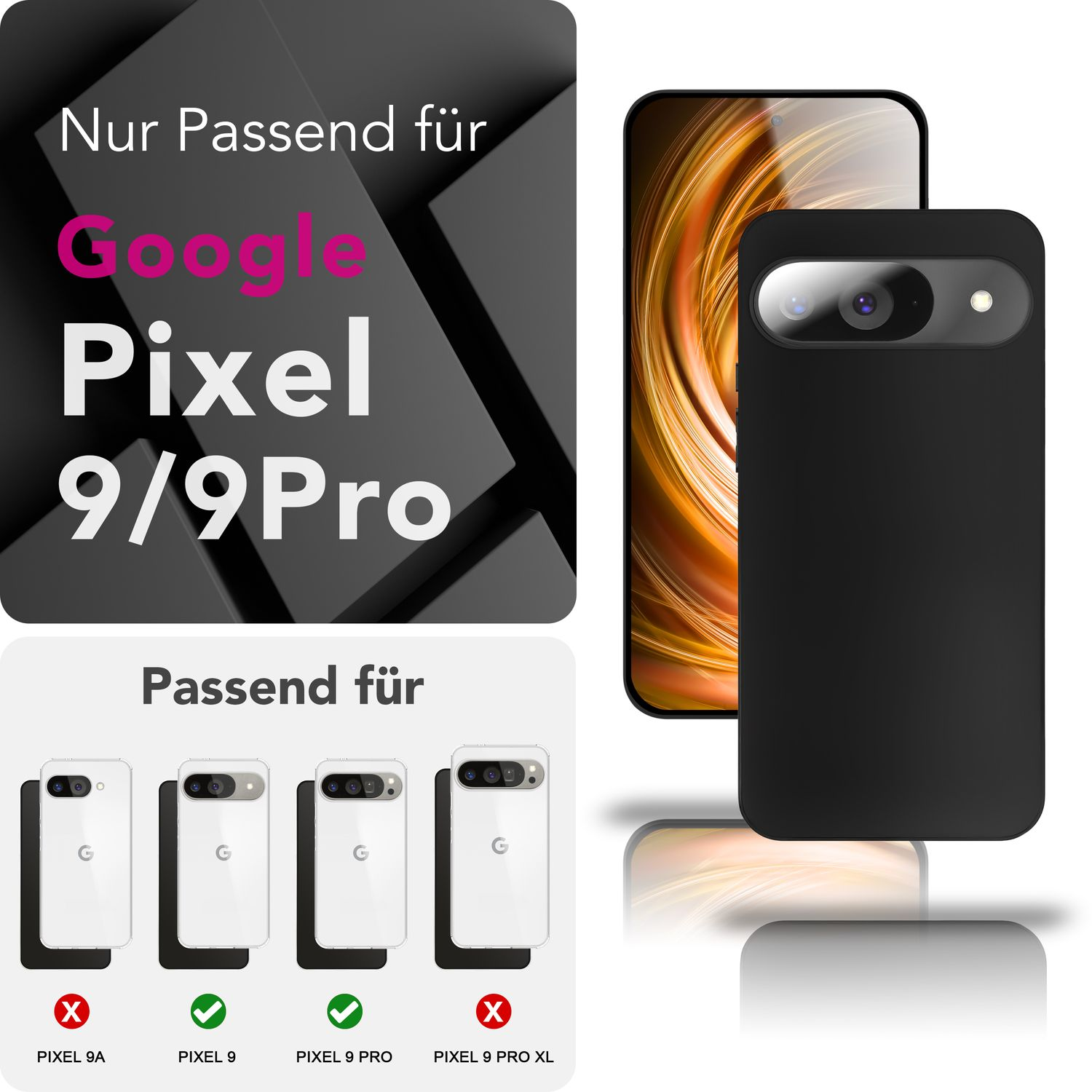 L'immagine mostra una custodia nera e lo schermo di un telefono. Il testo recita 'Google Pixel 9/9Pro' e la compatibilità con Pixel 9 e 9 Pro è confermata.