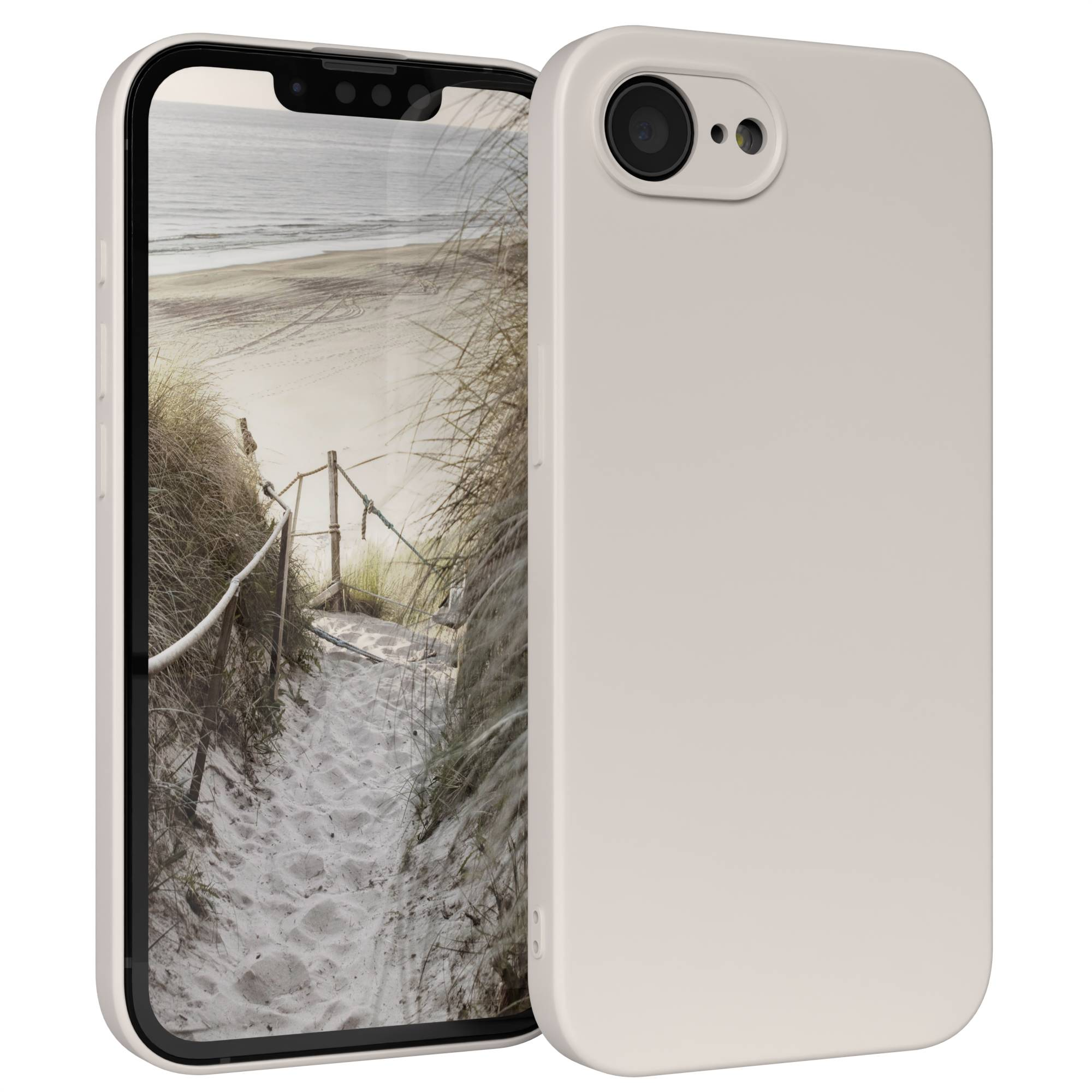 Telefon mit Hülle, zeigt einen Strandweg. Das Telefon ist cremefarben, ebenso die Hülle. Der Bildschirm zeigt einen Strand mit Sand und Gras.