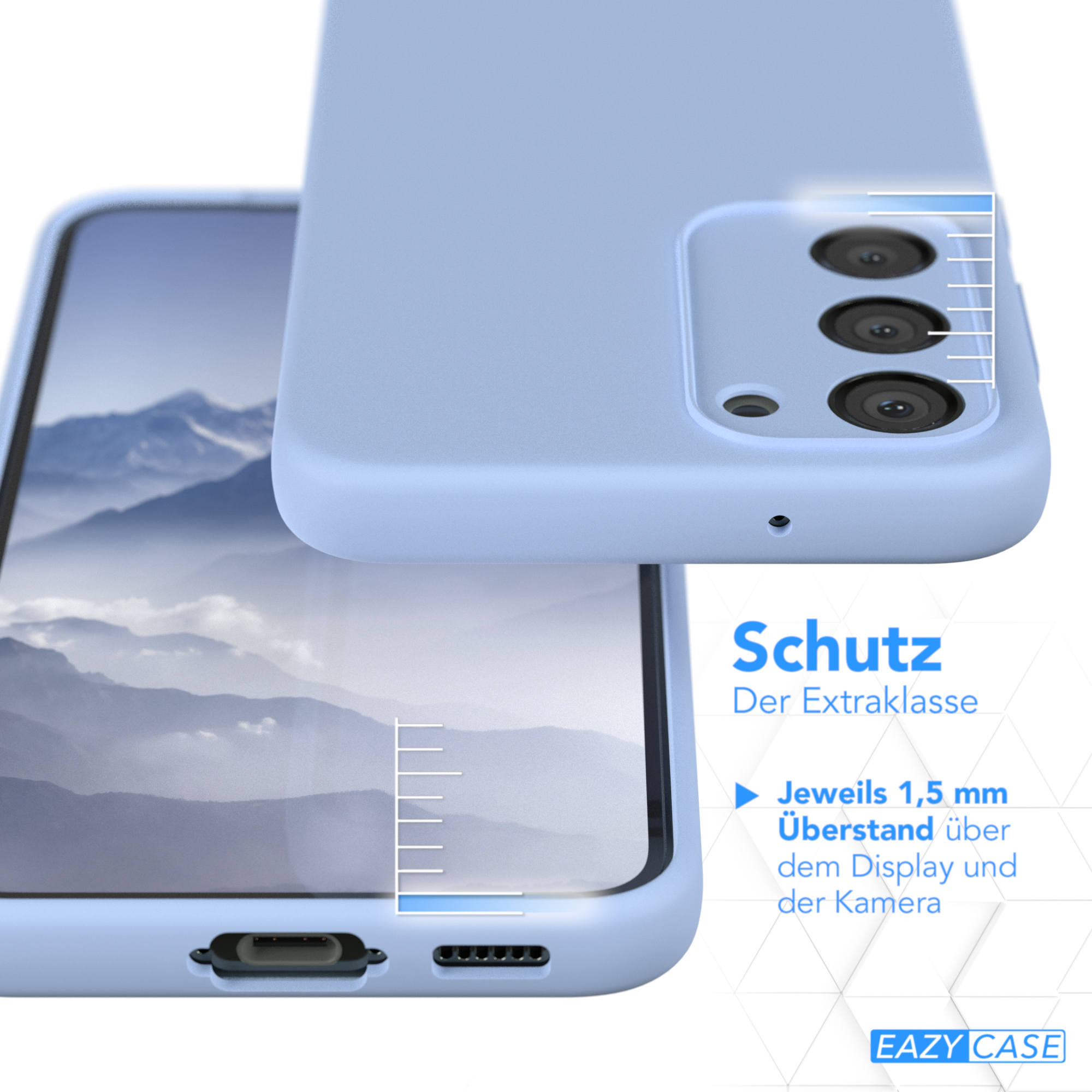 Eine hellblaue Handyhülle schützt ein Telefon, das eine Berglandschaft anzeigt. Text zeigt 1,5 mm Bildschirm-/Kameraschutz an.