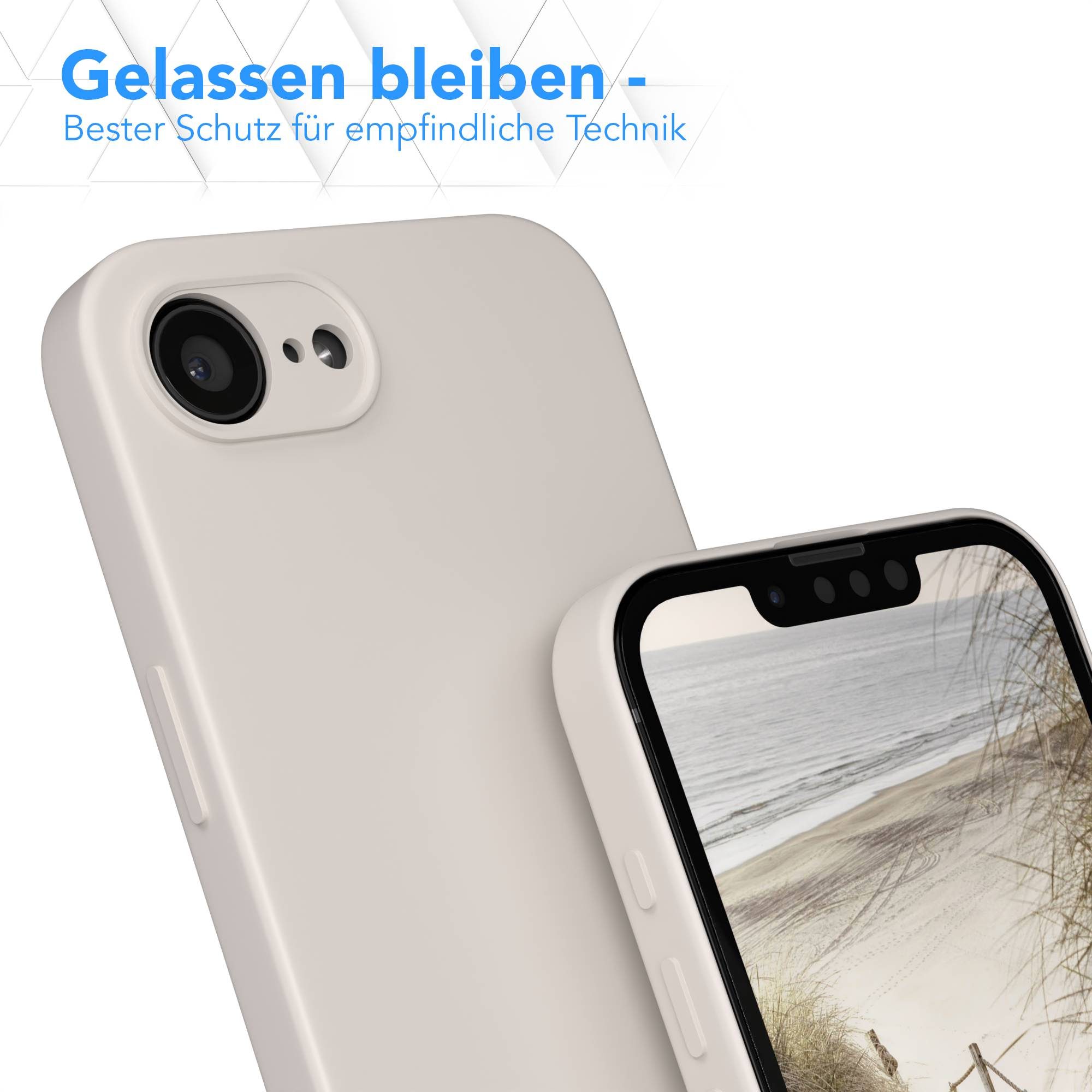 Zwei Telefone mit Hüllen. Eines zeigt die Kamera, das andere eine Strandszene. Text auf Deutsch oben: Gelassen bleiben.