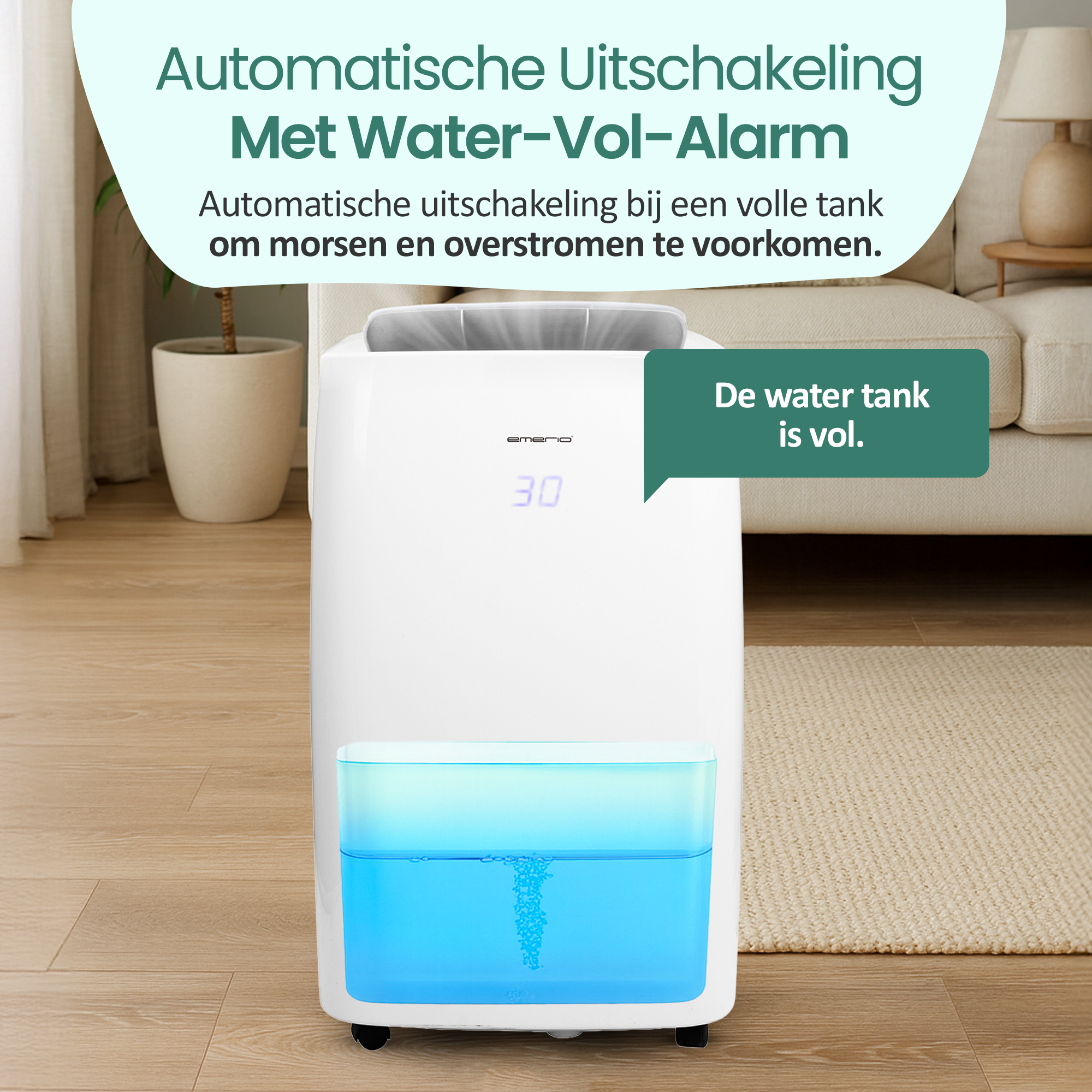 Biały osuszacz z pełnym zbiornikiem wody. Tekst: 'Zbiornik na wodę jest pełny'. Tło: sofa i roślina.