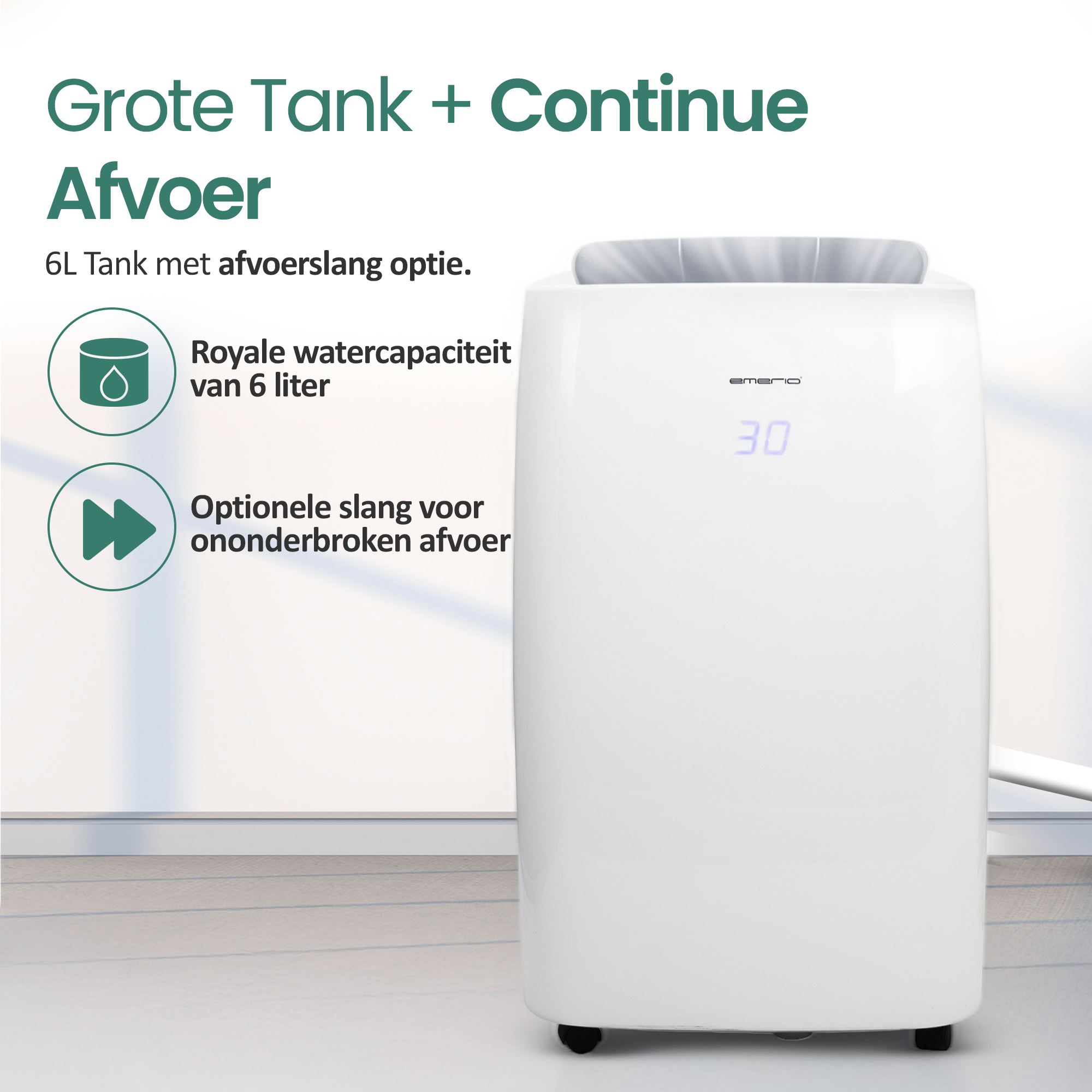 Biały oczyszczacz powietrza z cyfrowym wyświetlaczem pokazującym 30. Tekst zawiera 'Grote Tank' i '6L Tank'. Widoczna jest również zielona ikona.