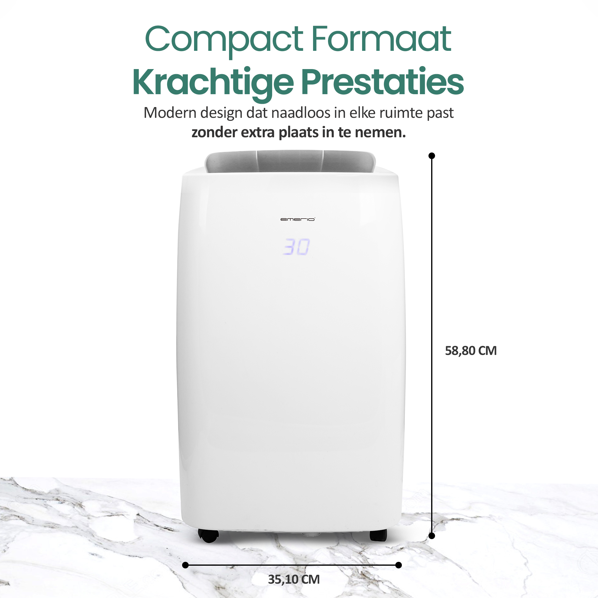 Biały oczyszczacz powietrza z cyfrowym wyświetlaczem 30, wymiary 58,80cm x 35,10cm, na marmurowej powierzchni.