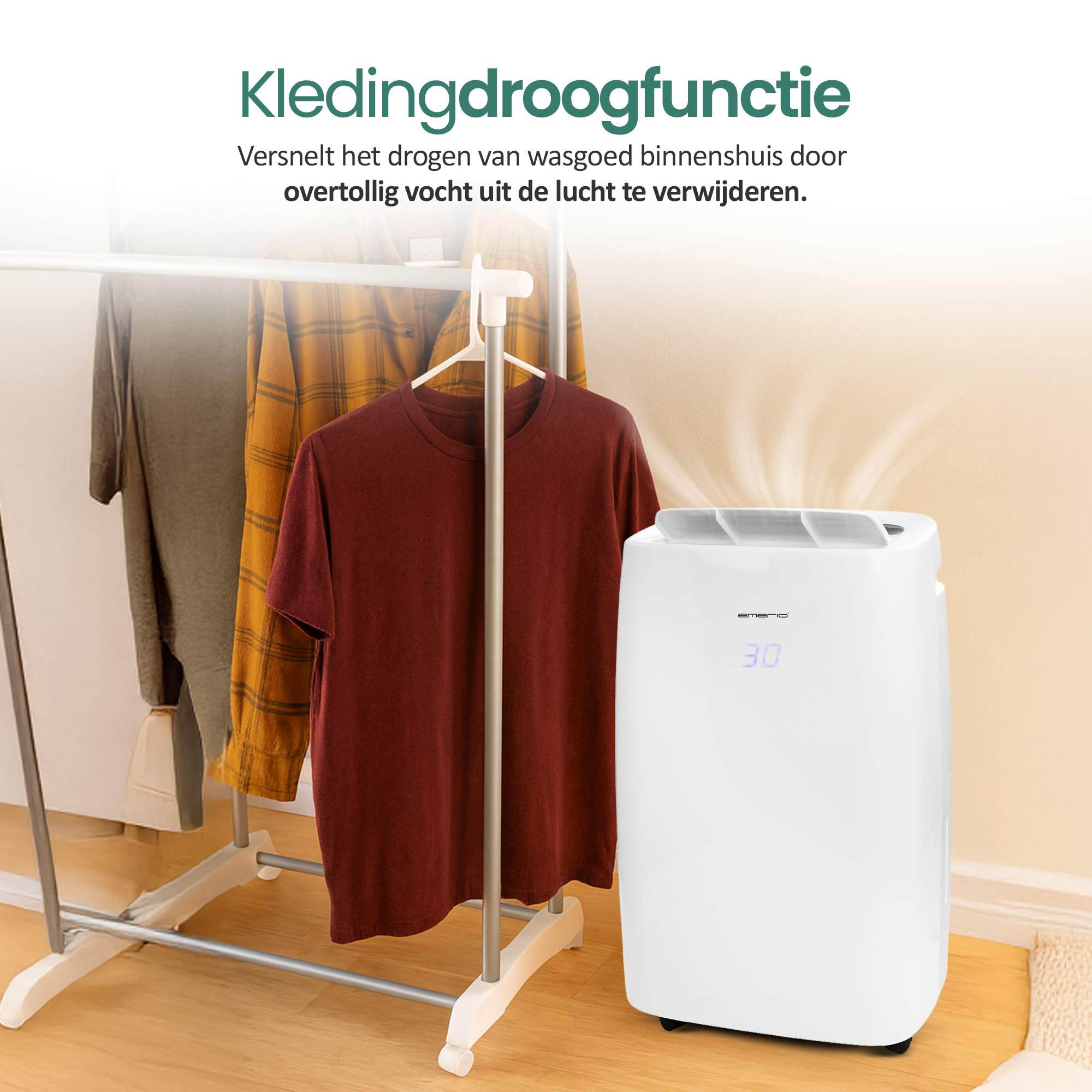 Biały osuszacz powietrza obok wieszaka na ubrania z koszulami w różnych kolorach. Tekst: 'funkcja suszenia ubrań'.
