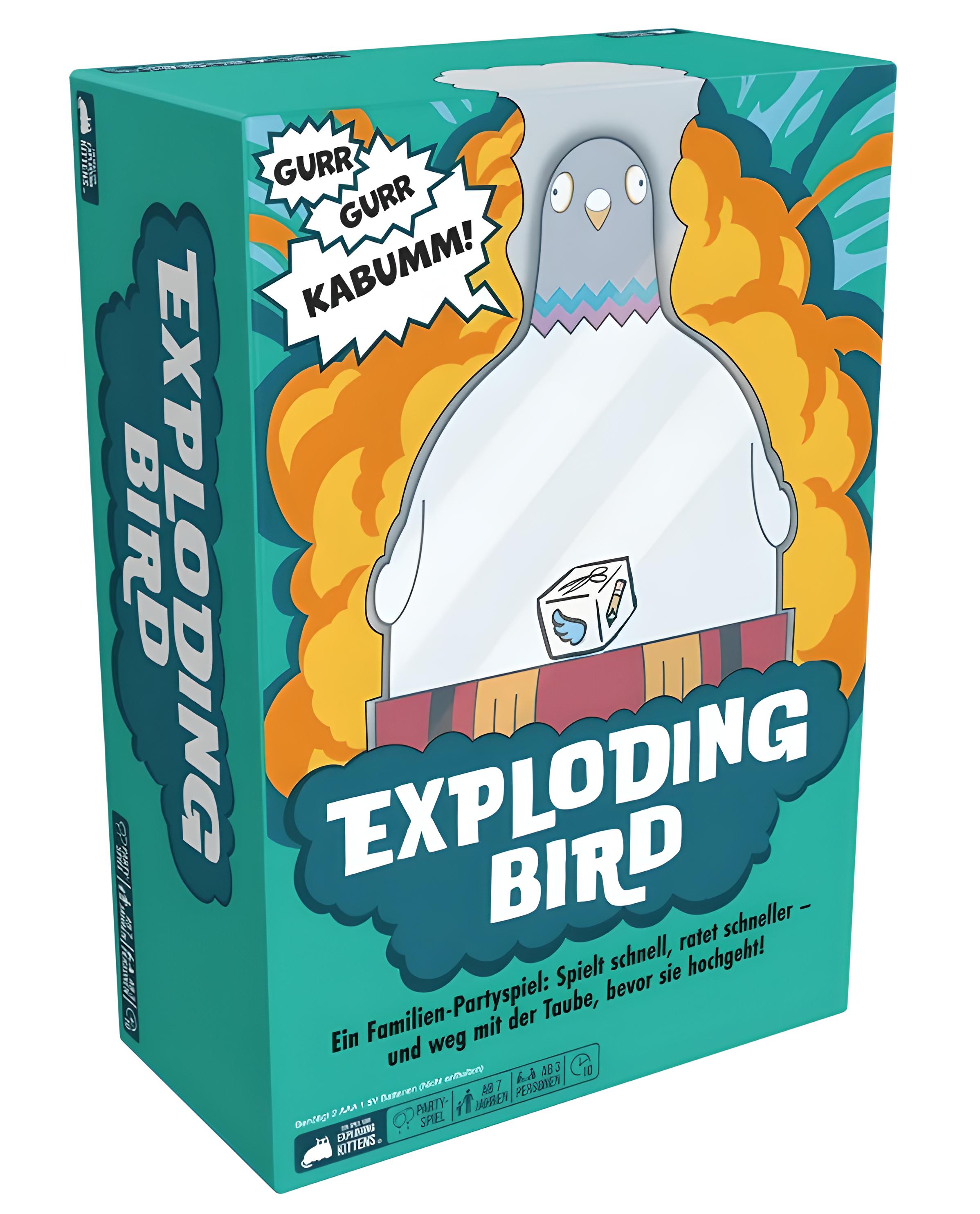 Eine Spielbox mit dem Titel 'Exploding Bird'. Sie zeigt eine Cartoon-Taube mit einer Bombe und Textblasen mit 'Gurr Kabumm!'