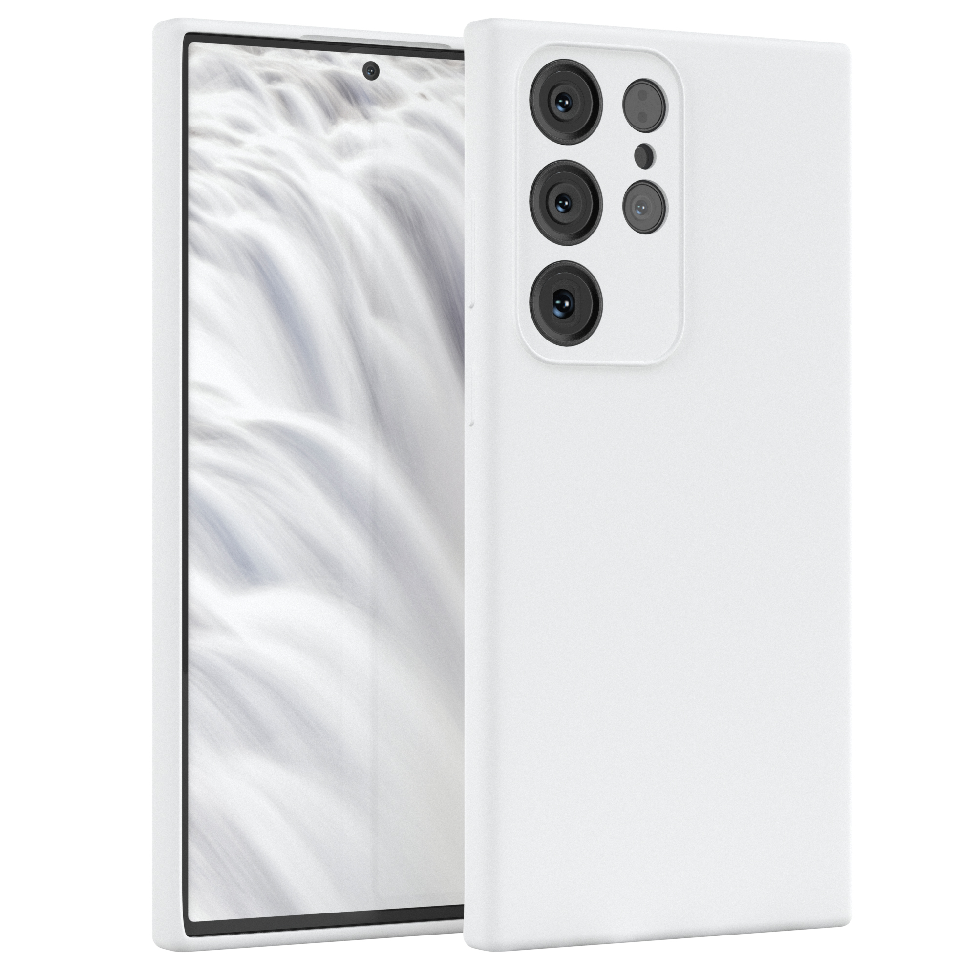 Ein weißes Smartphone mit einem verschwommenen weißen Bild auf dem Bildschirm. Das Telefon hat mehrere Rückkameras.