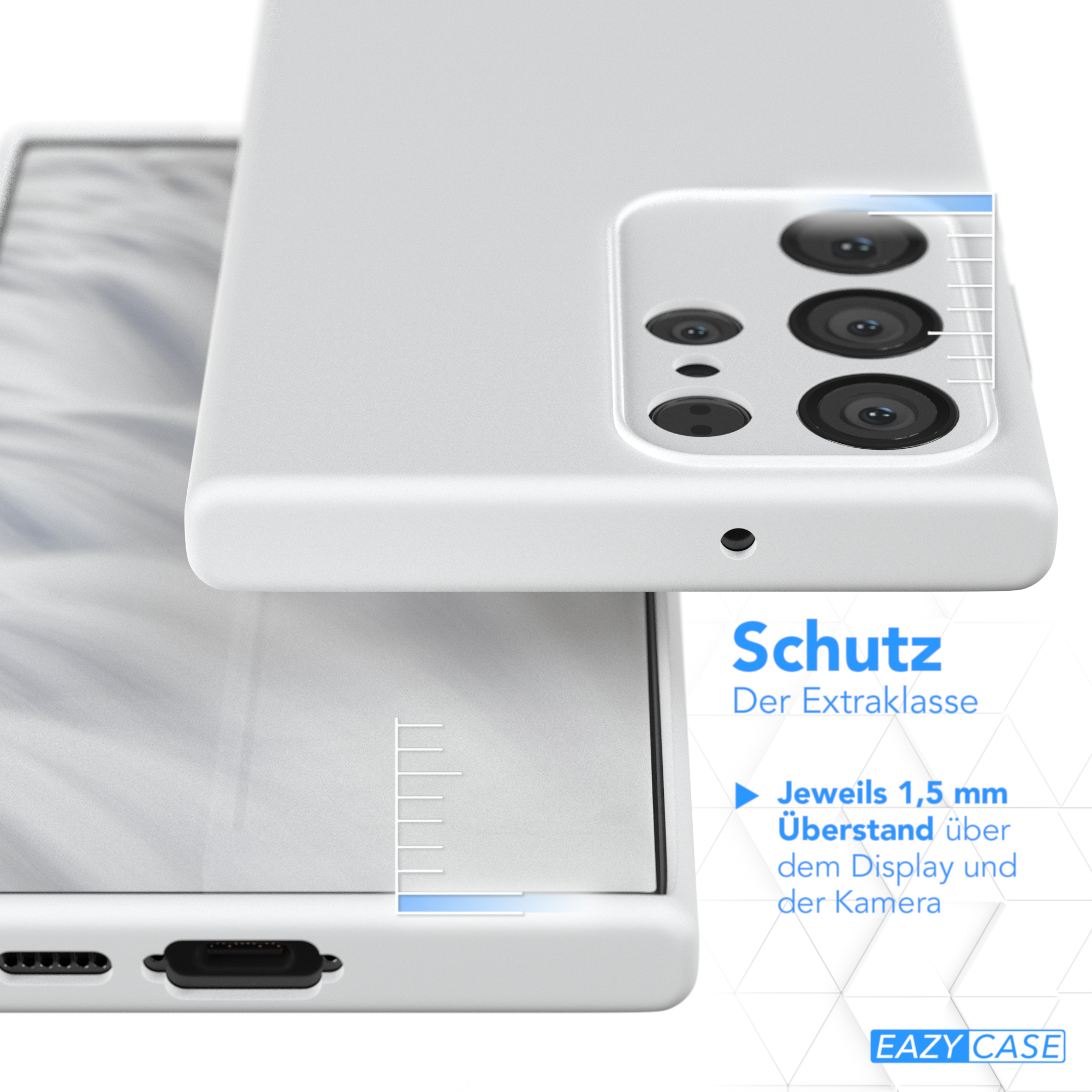 Gezeigt wird eine weiße Handyhülle mit Kameraausbuchtung. Der Text besagt Schutz und dass sie 1,5 mm über Display und Kamera liegt.