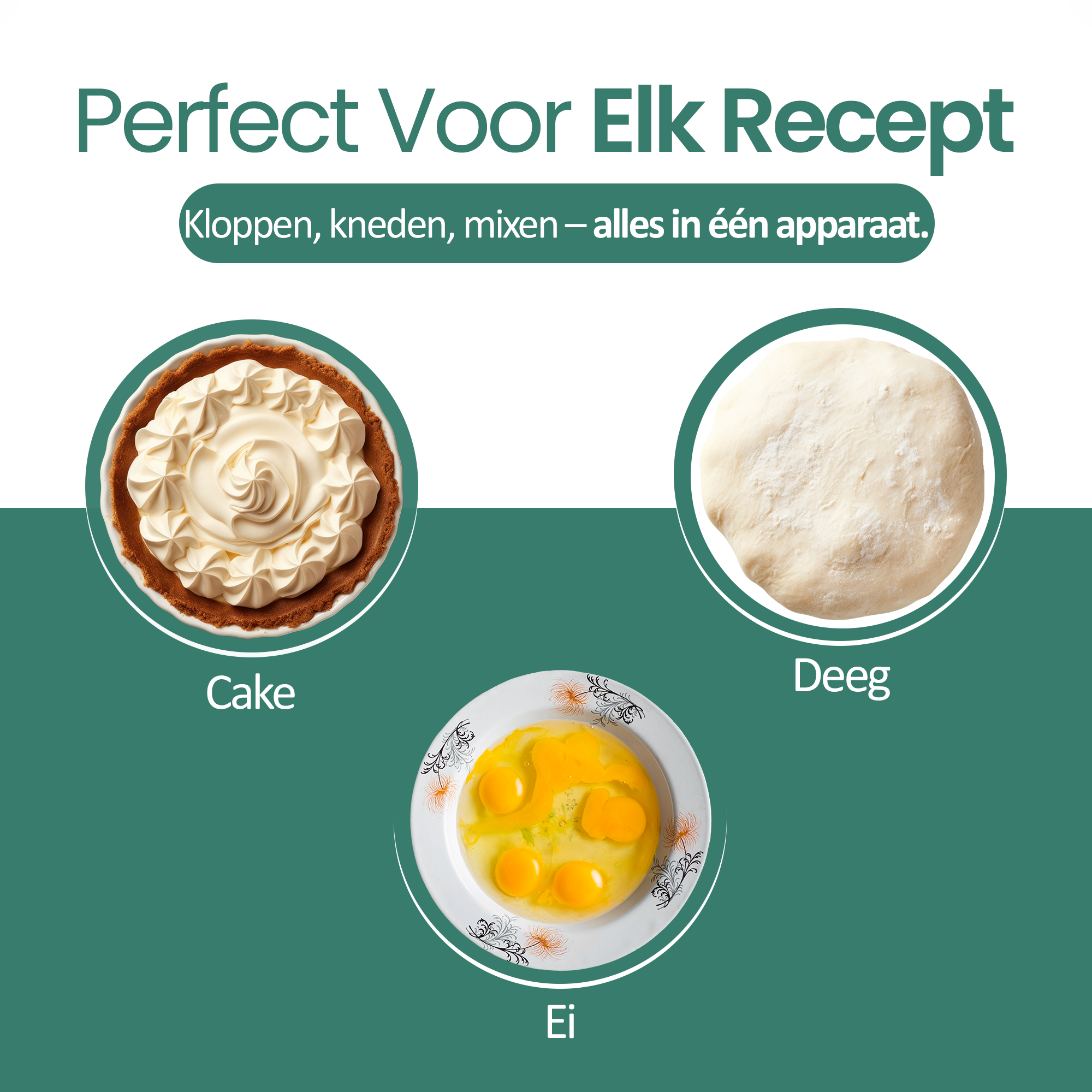 The image shows cake, dough, and eggs in bowls, with text in Dutch.