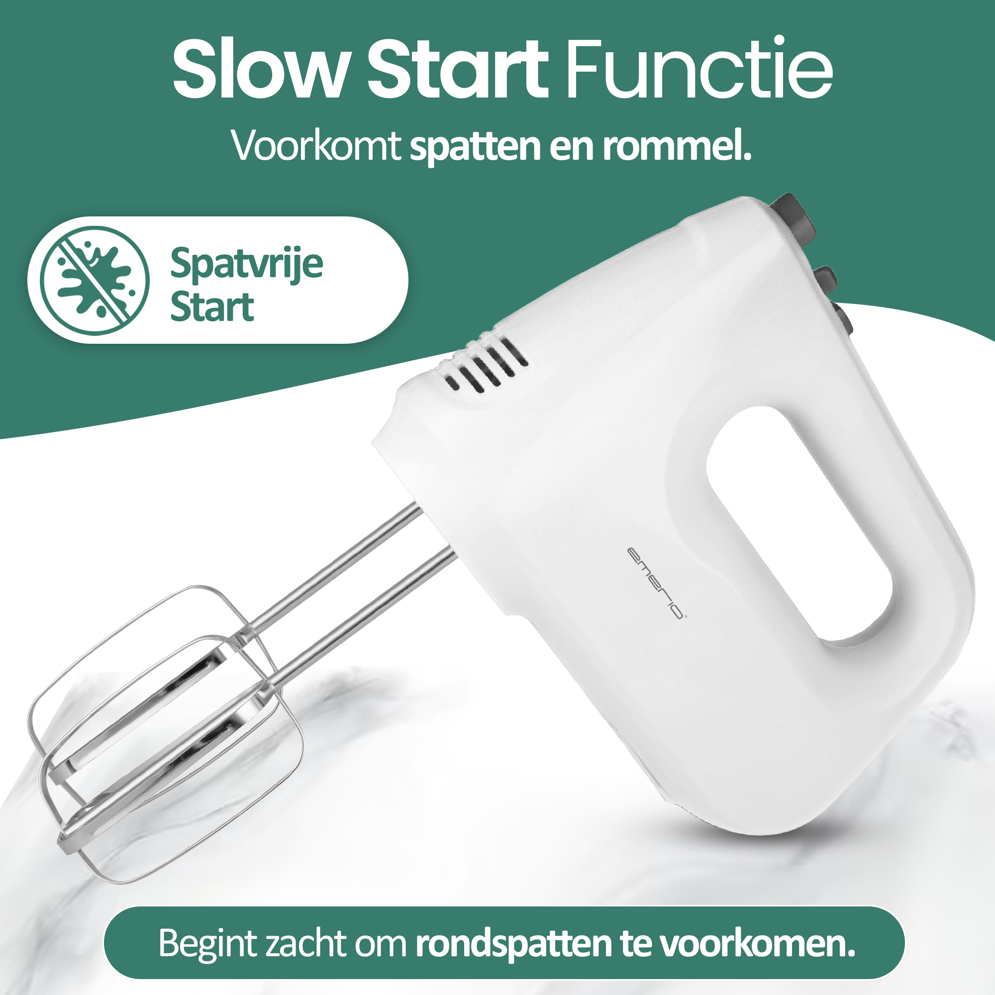 A white hand mixer with beaters is on a white marble surface. Text includes "Slow Start Functie" and "Spatvrije Start".