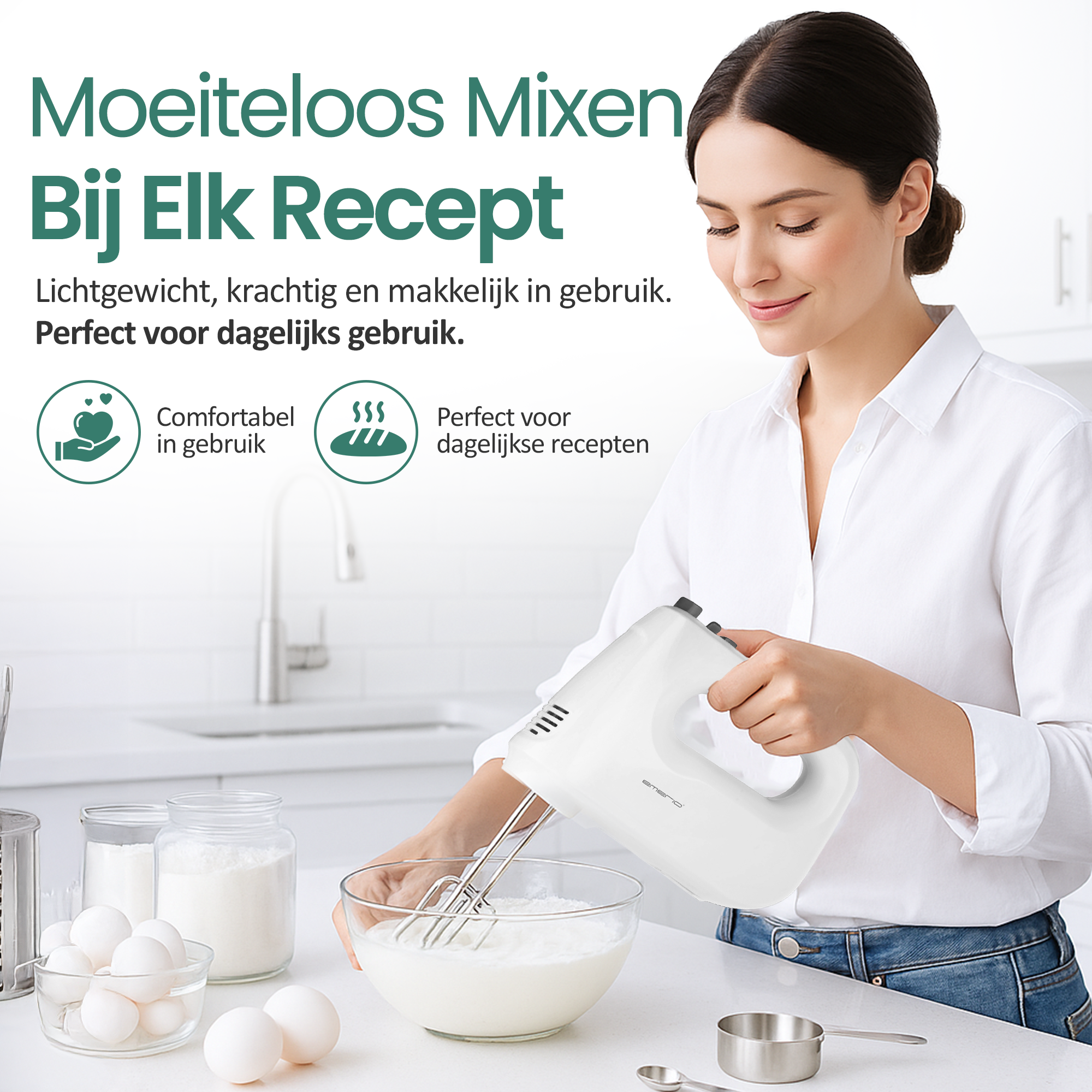 A woman uses a white hand mixer over a bowl of batter. Eggs, flour, and measuring cups are on the counter. Text: 'Easy Mixing'