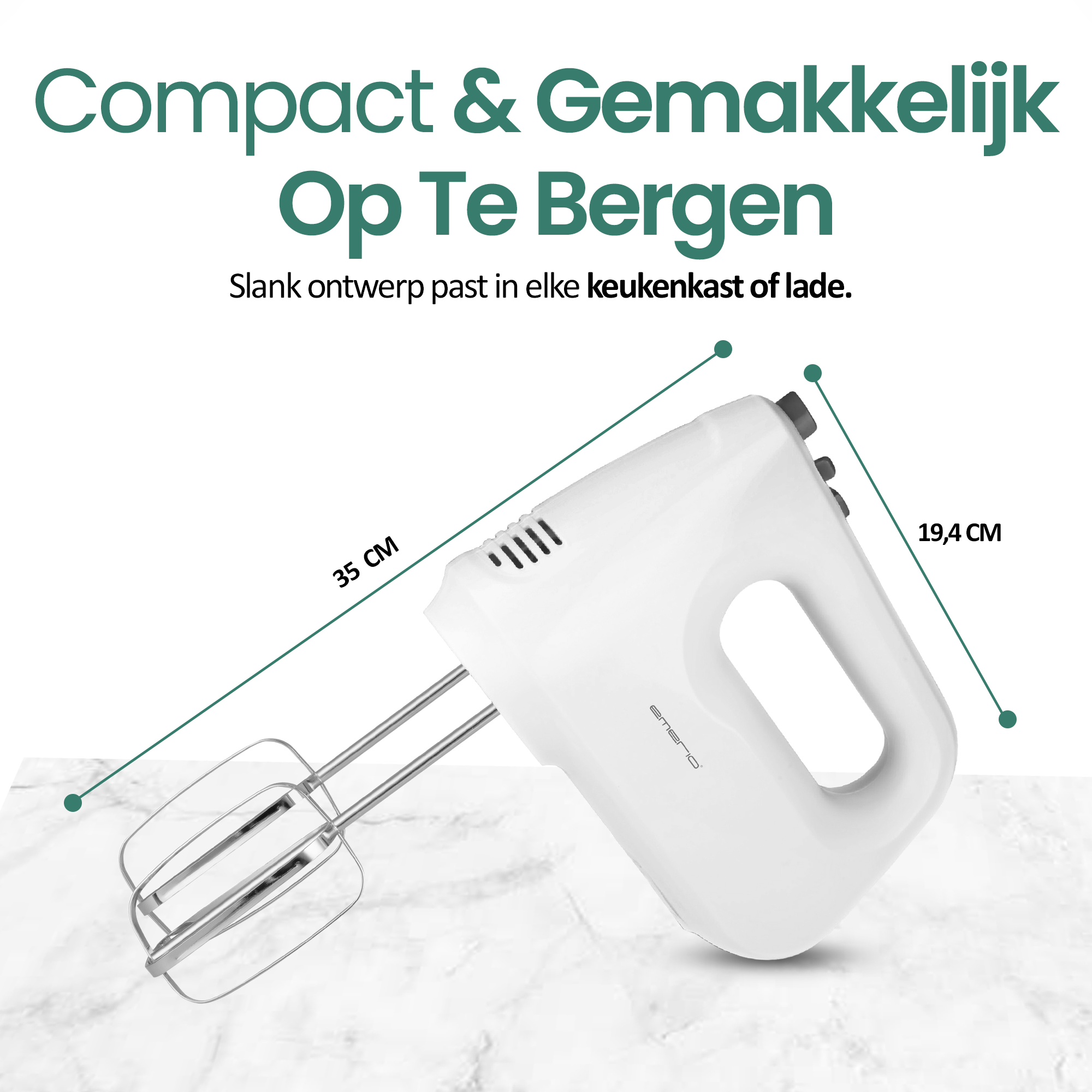 A white hand mixer with dimensions indicated, text includes 'Compact & Gemakkelijk Op Te Bergen'. The background is a marble texture.