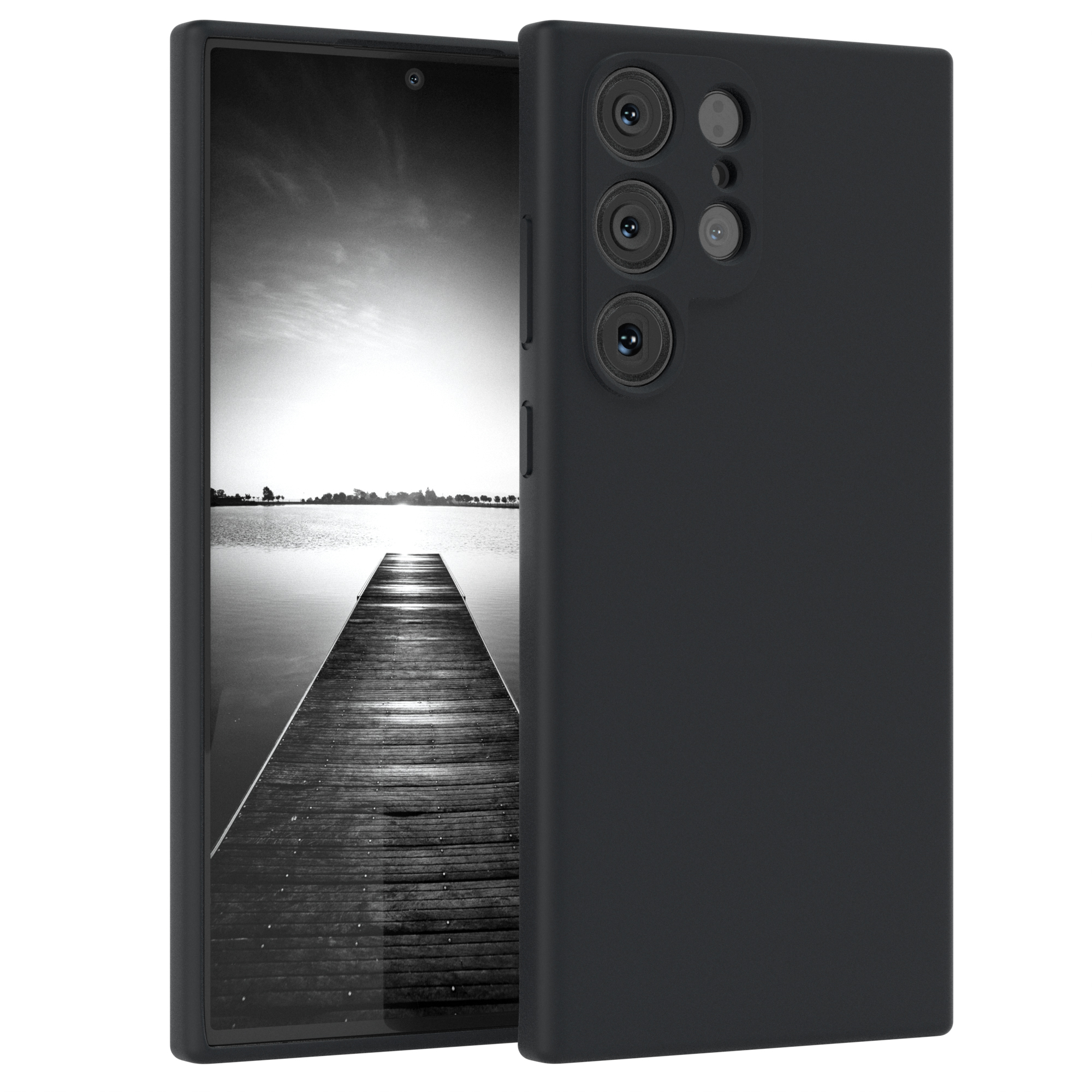 Ein schwarzes Smartphone mit einem Bildschirm, der ein Schwarz-Weiß-Bild eines Piers über dem Wasser zeigt. Das Telefon ist in einer schwarzen Hülle.