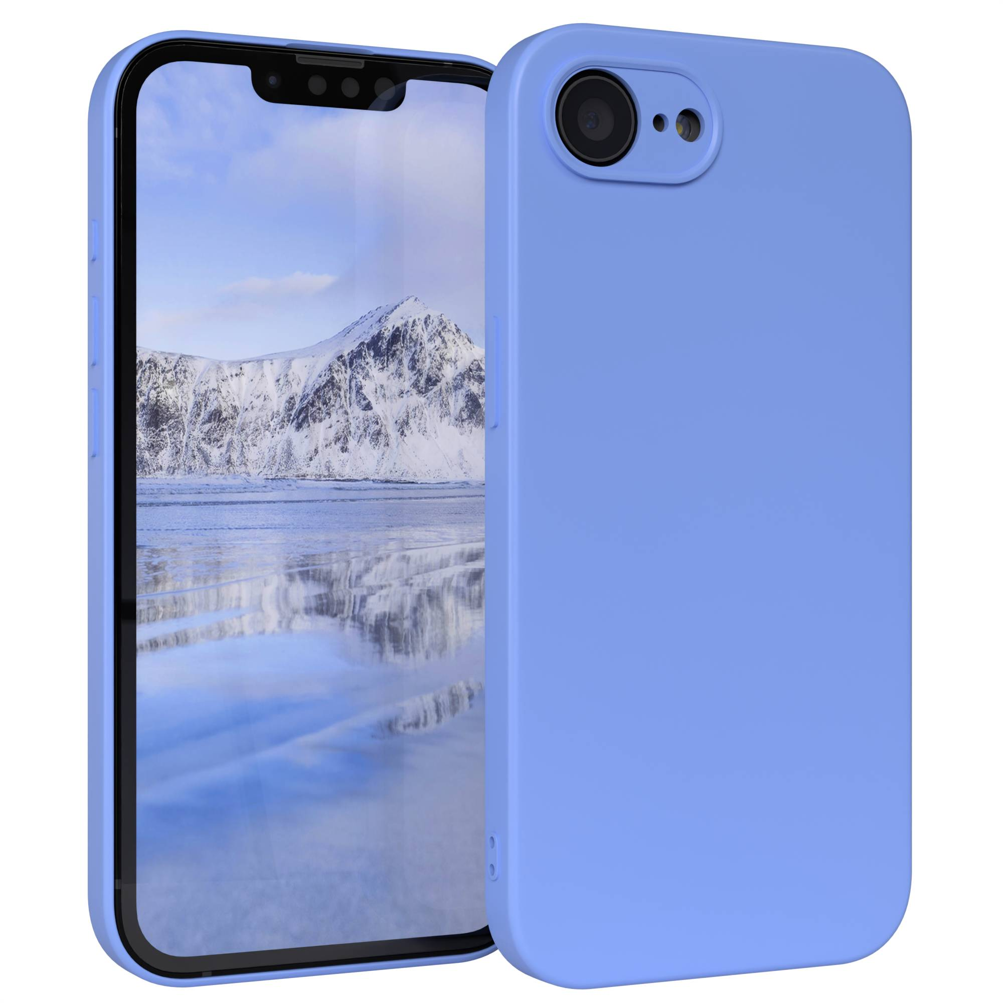 Eine hellblaue Handyhülle und ein Handy. Der Telefonbildschirm zeigt eine schneebedeckte Berglandschaft. Die Hülle befindet sich neben dem Telefon.