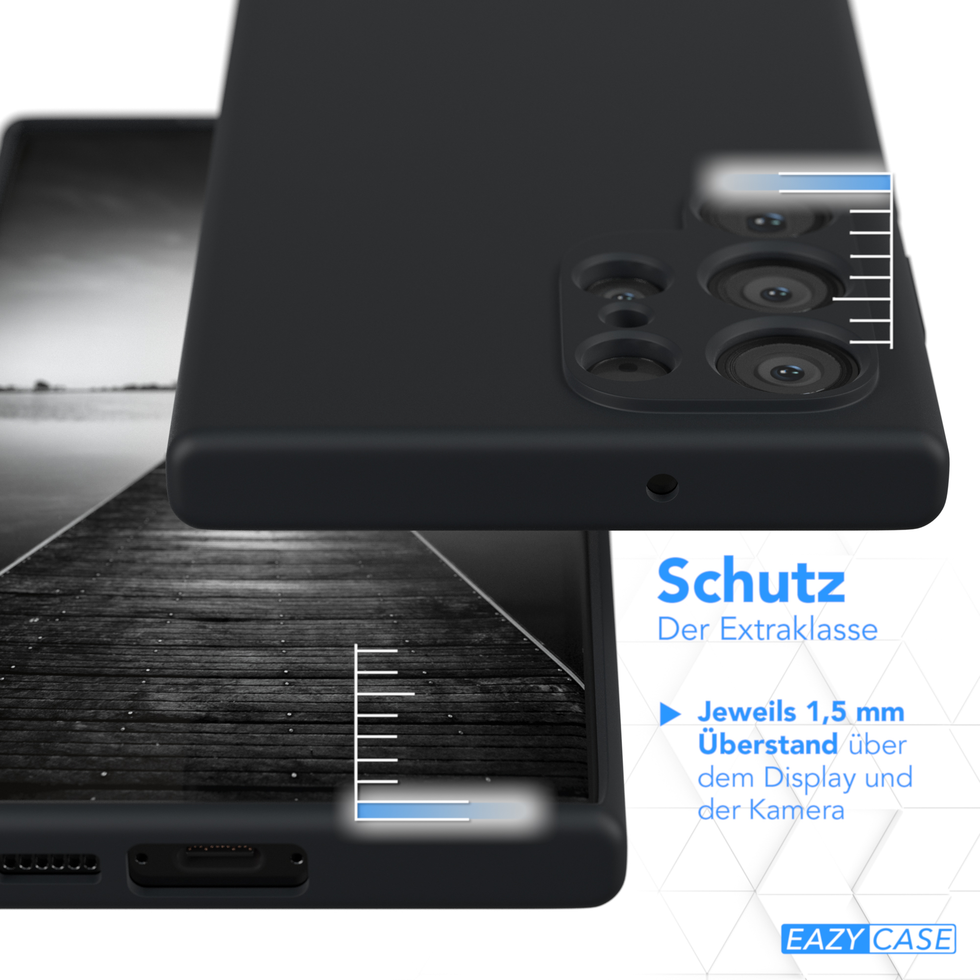 Eine schwarze Handyhülle über einem Telefon, mit einem hölzernen Dock im Hintergrund. Text zeigt 1,5 mm Schutz.