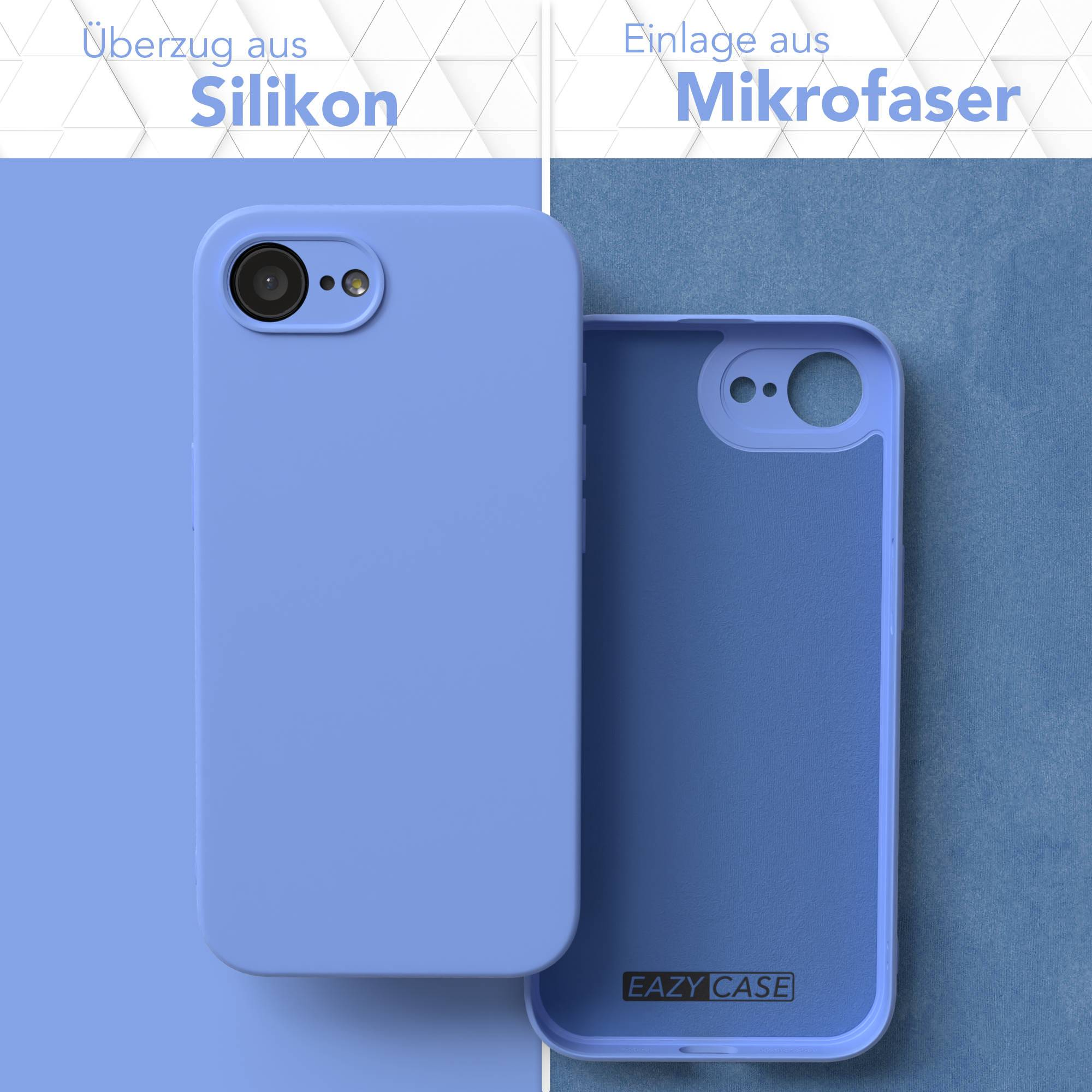 Eine blaue Handyhülle, geöffnet, um die Innenseite zu zeigen. Text sagt 'Silikon' und 'Mikrofaser'. Die Hülle hat das 'EAZY CASE' Logo.