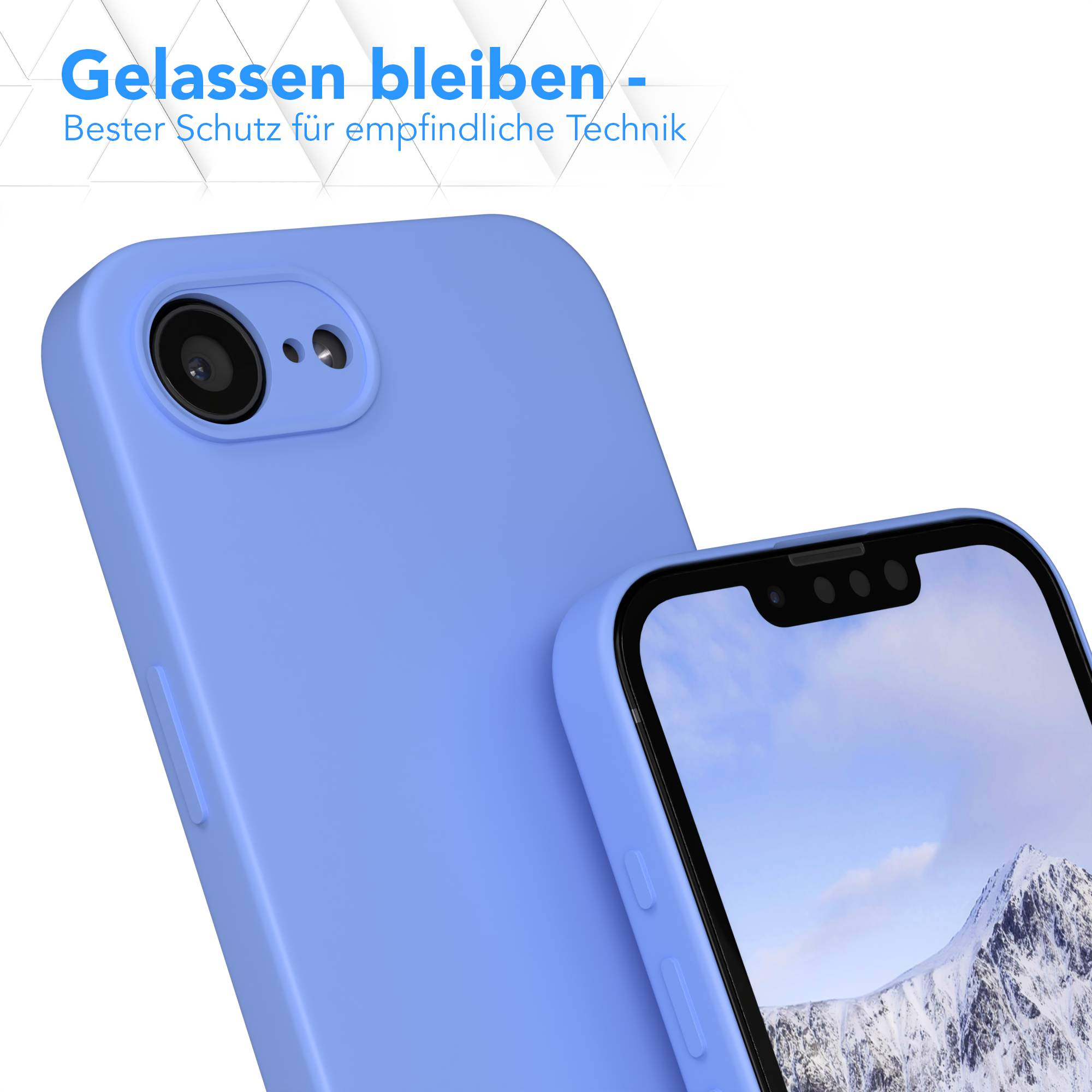 Zwei hellblaue Handyhüllen, eine mit einem Telefon im Inneren, die andere zeigt die Kamera. Text sagt 'Gelassen bleiben'.