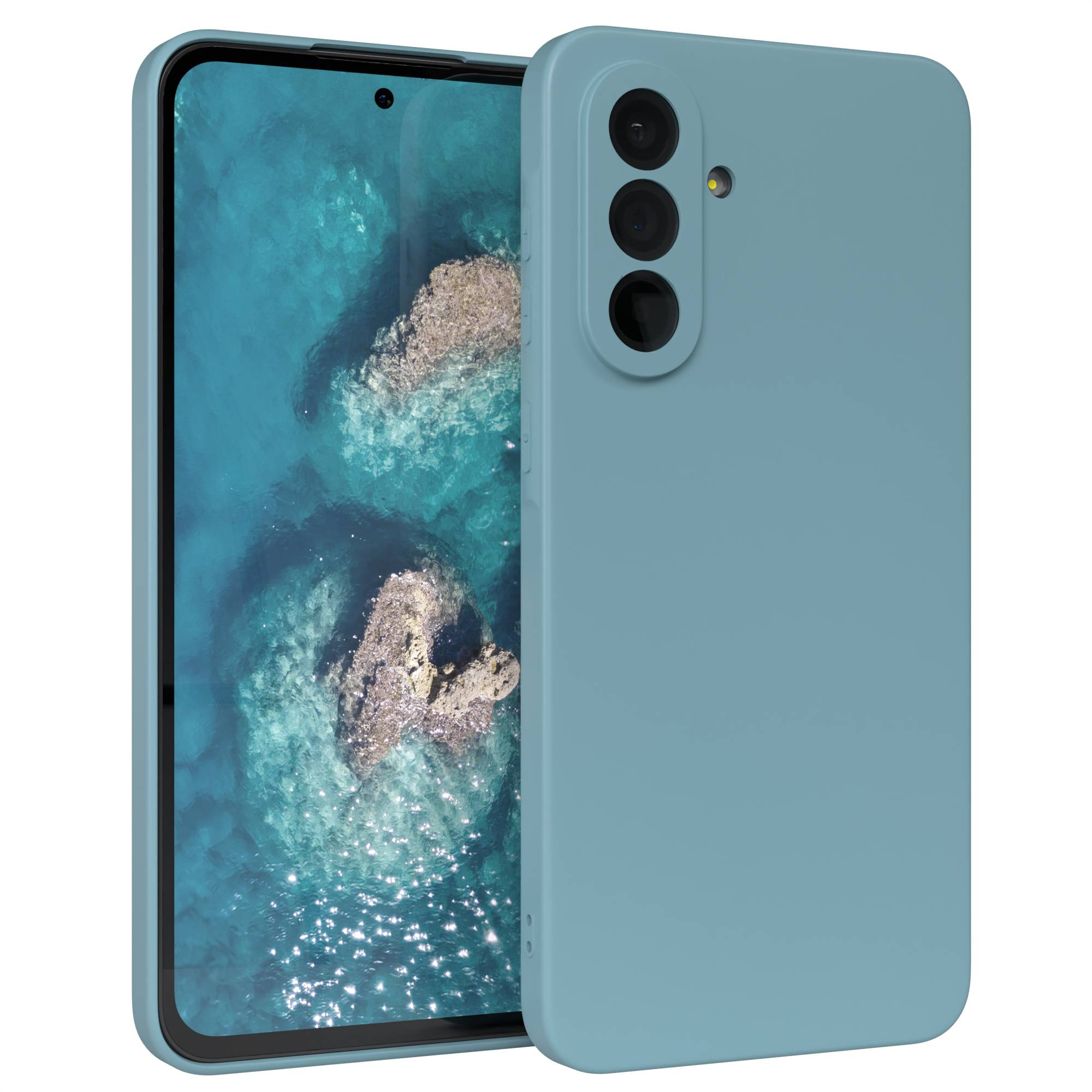 Eine hellblaue Handyhülle bedeckt ein Telefon. Der Bildschirm zeigt Wasser und Felsen. Die Hülle hat Kameras und einen Blitz.