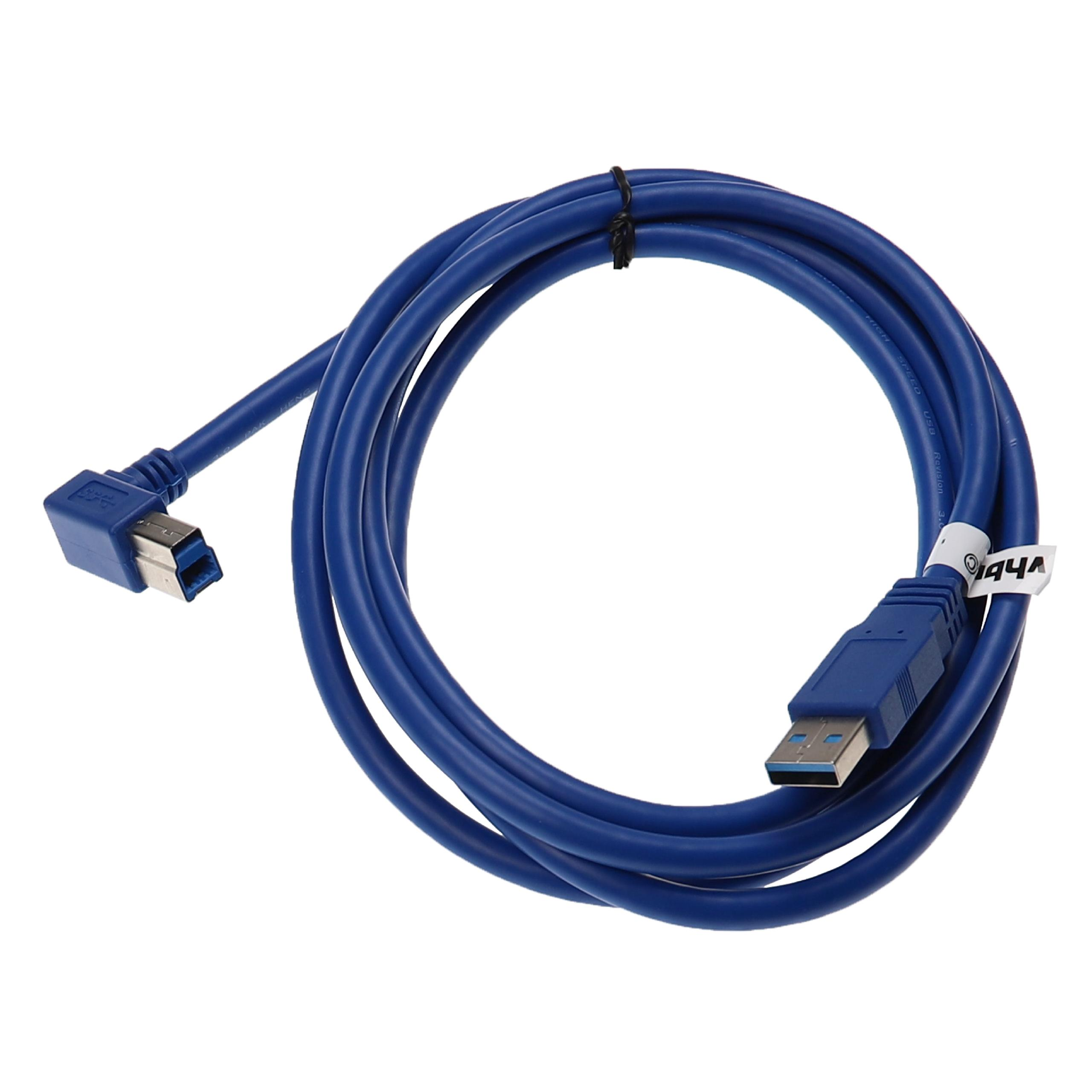 Ein blaues USB-Kabel, aufgerollt, mit Anschlüssen an beiden Enden. Ein Anschluss ist L-förmig. Weißer Hintergrund.