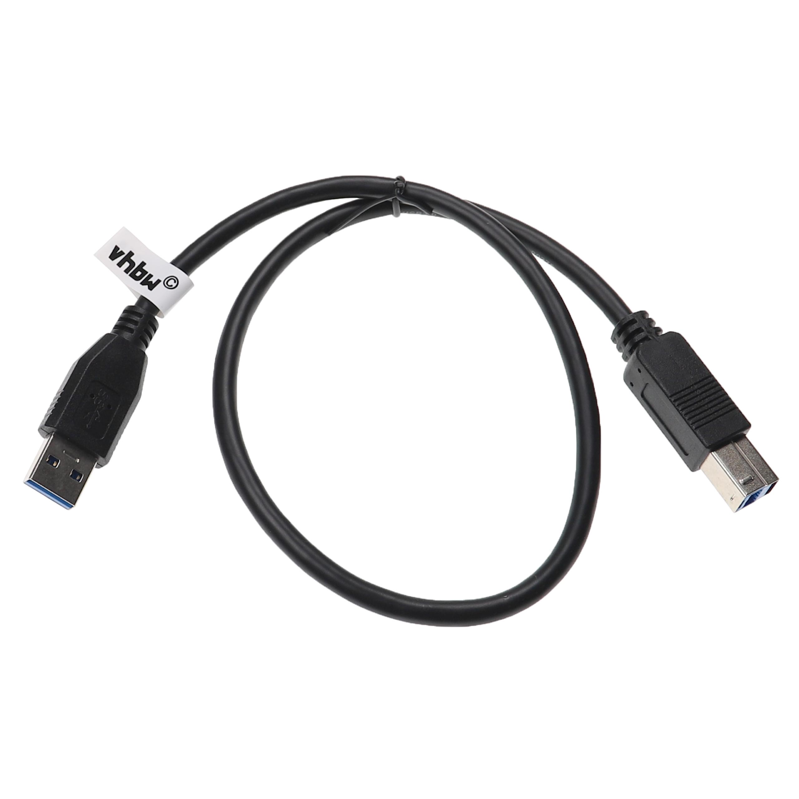 Ein schwarzes USB-Kabel mit zwei Steckern, einer mit der Aufschrift 'vhbw'. Die Stecker haben blaue Einsätze.