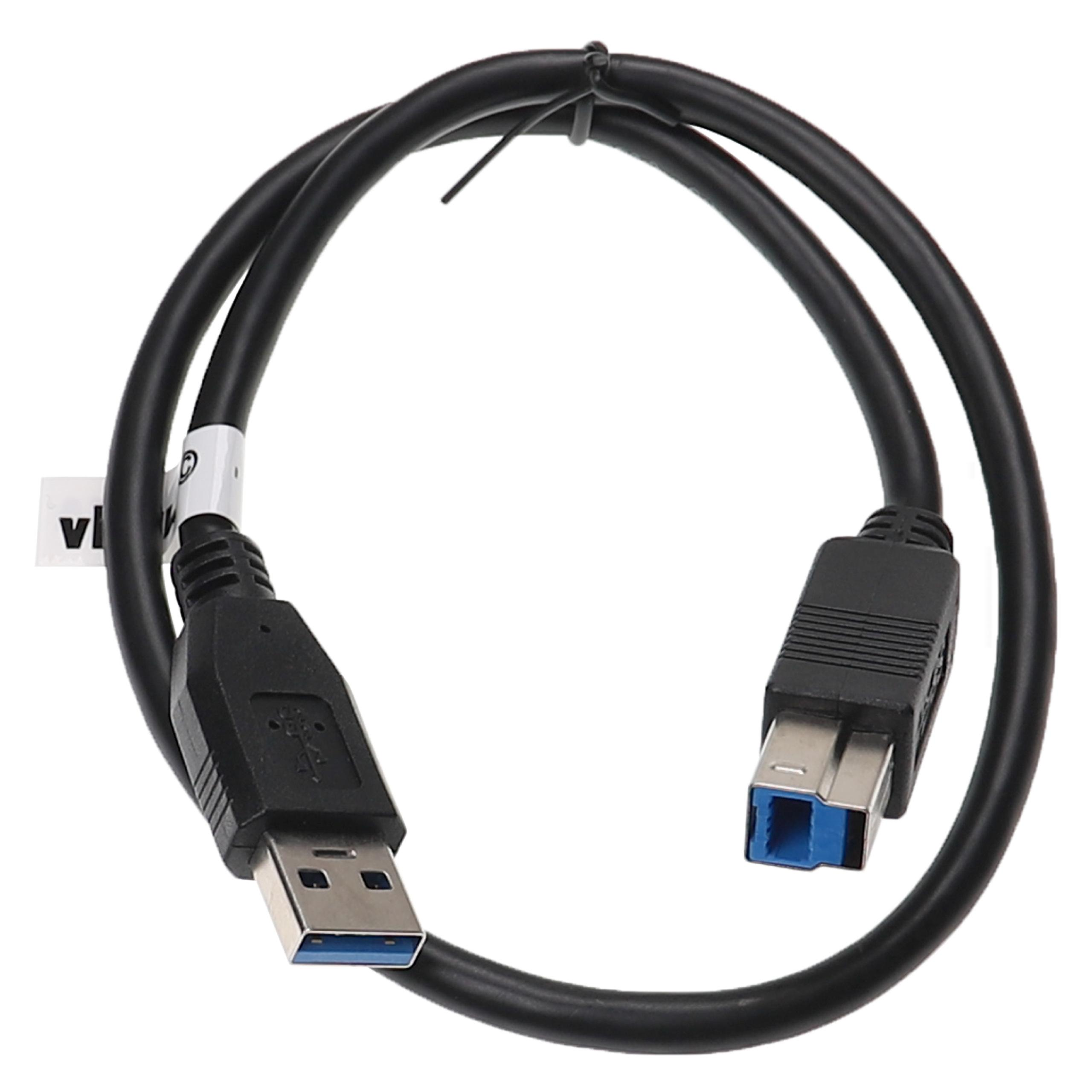 Schwarzes USB 3.0-Kabel mit zwei Anschlüssen. Einer ist USB-A, der andere USB-B. Ein weißes Etikett ist angebracht.