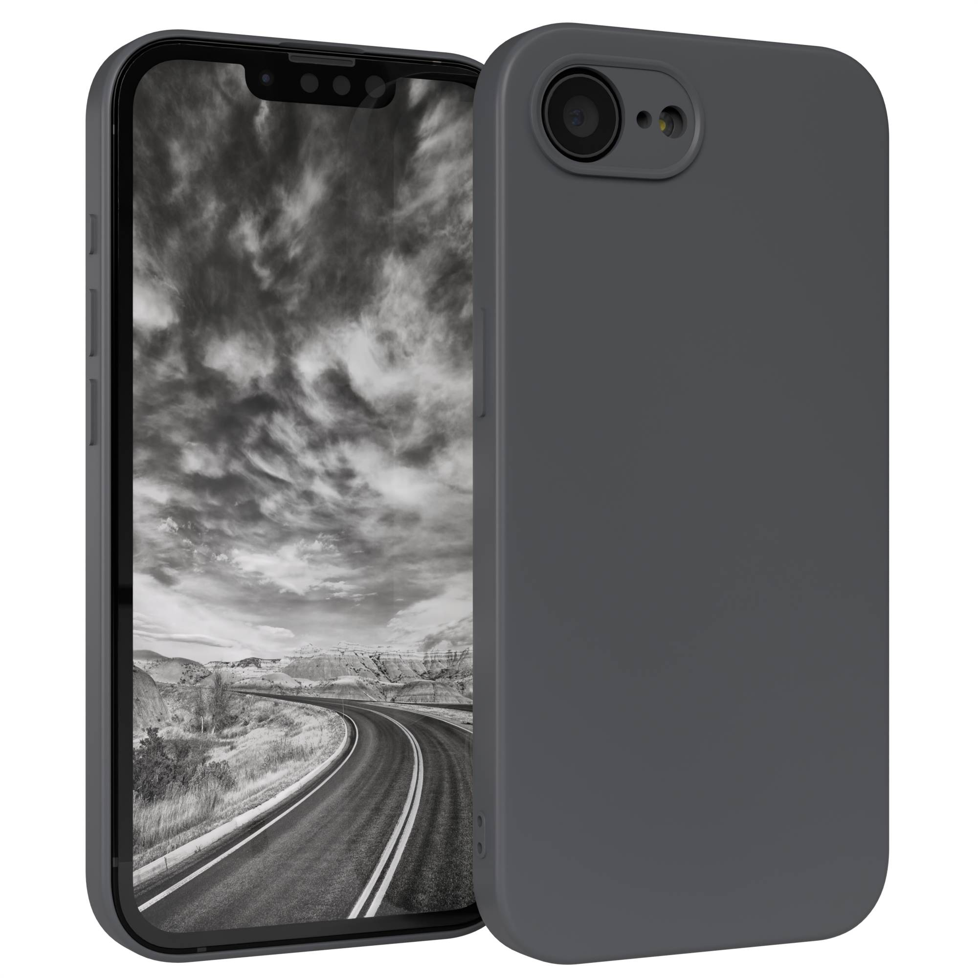 Ein Smartphone mit dunkelgrauer Hülle. Der Bildschirm zeigt ein Schwarzweißbild einer Straße durch eine Landschaft.