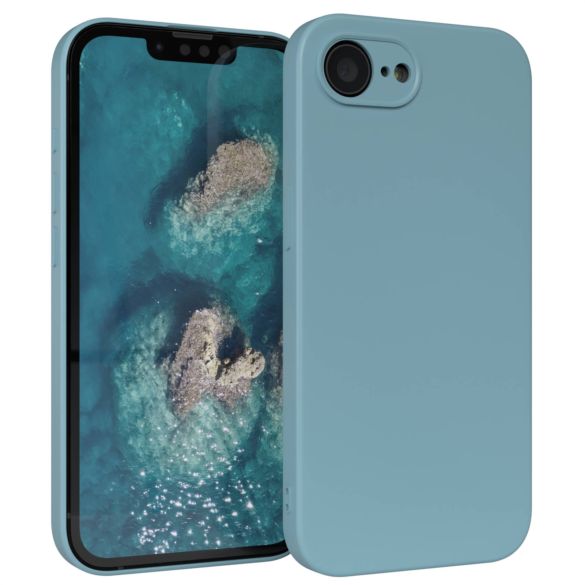 Eine hellblaue Handyhülle bedeckt ein Telefon. Der Bildschirm zeigt ein Gewässer mit Felsen.