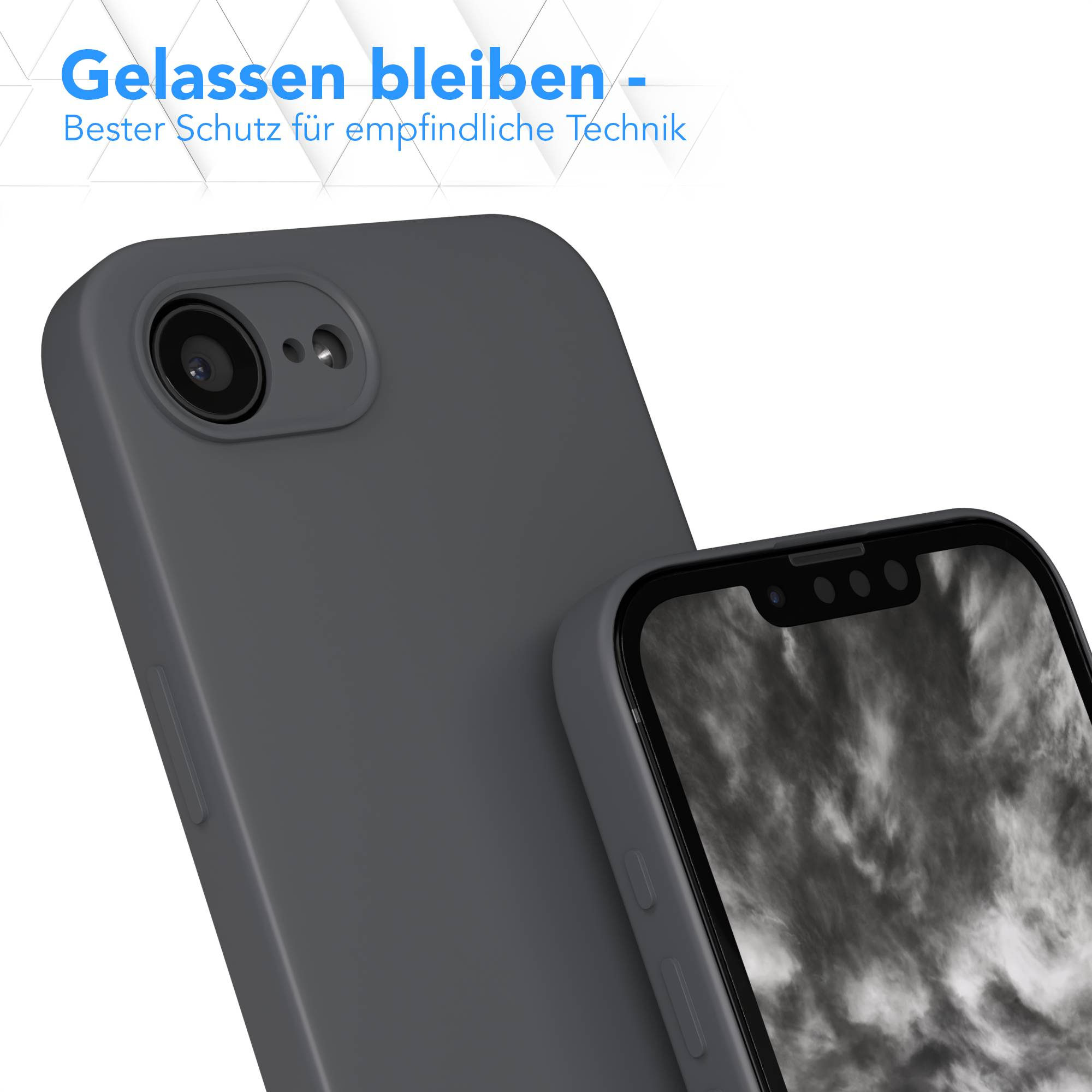 Zwei graue Handyhüllen. Eine im Hintergrund mit Kameralinse. Die andere im Vordergrund mit einem bewölkten Bildschirm.