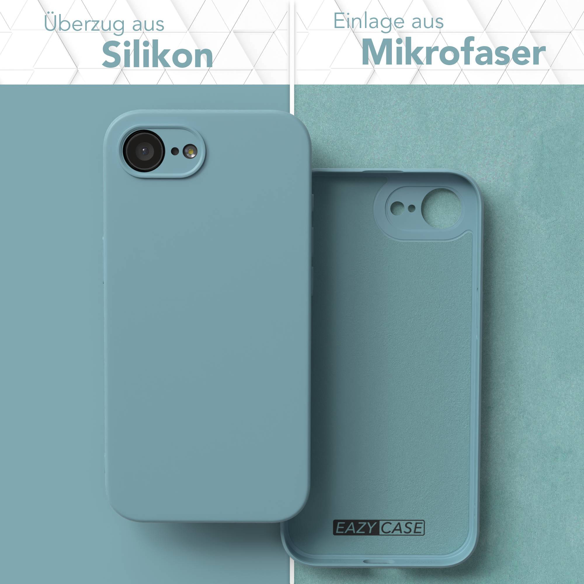 Zwei Handyhüllen, eine blau, eine grün. Hülle links ist Silikon, rechts Mikrofaser, mit Text 'EAZY CASE'.