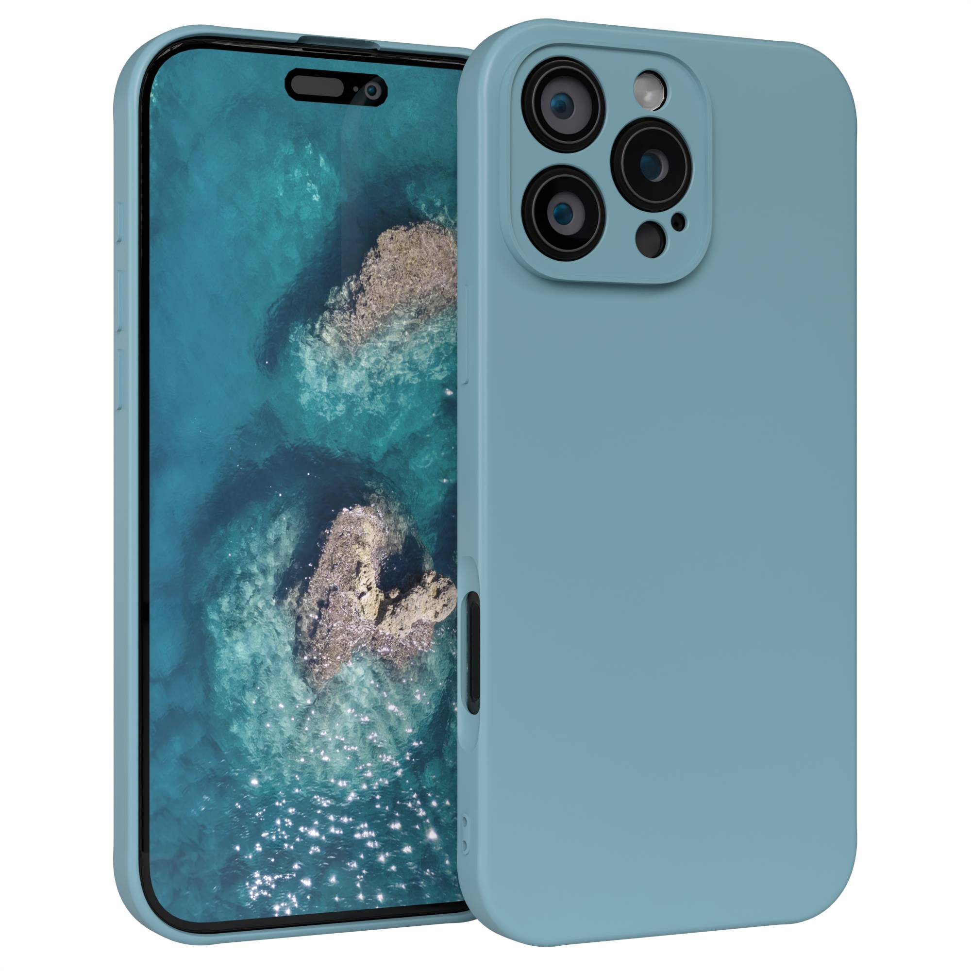 Ein hellblaues Telefon in einer Hülle, das einen Bildschirm mit Meerblick und eine Schutzhülle mit Kameras zeigt.