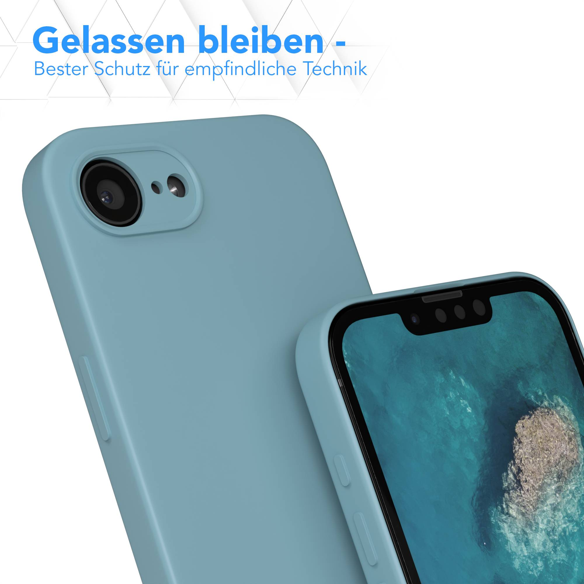 Zwei blaue Handyhüllen auf Weiß. Eine hält ein Telefon mit einer Wasserszene auf dem Bildschirm. Text: Bester Schutz.