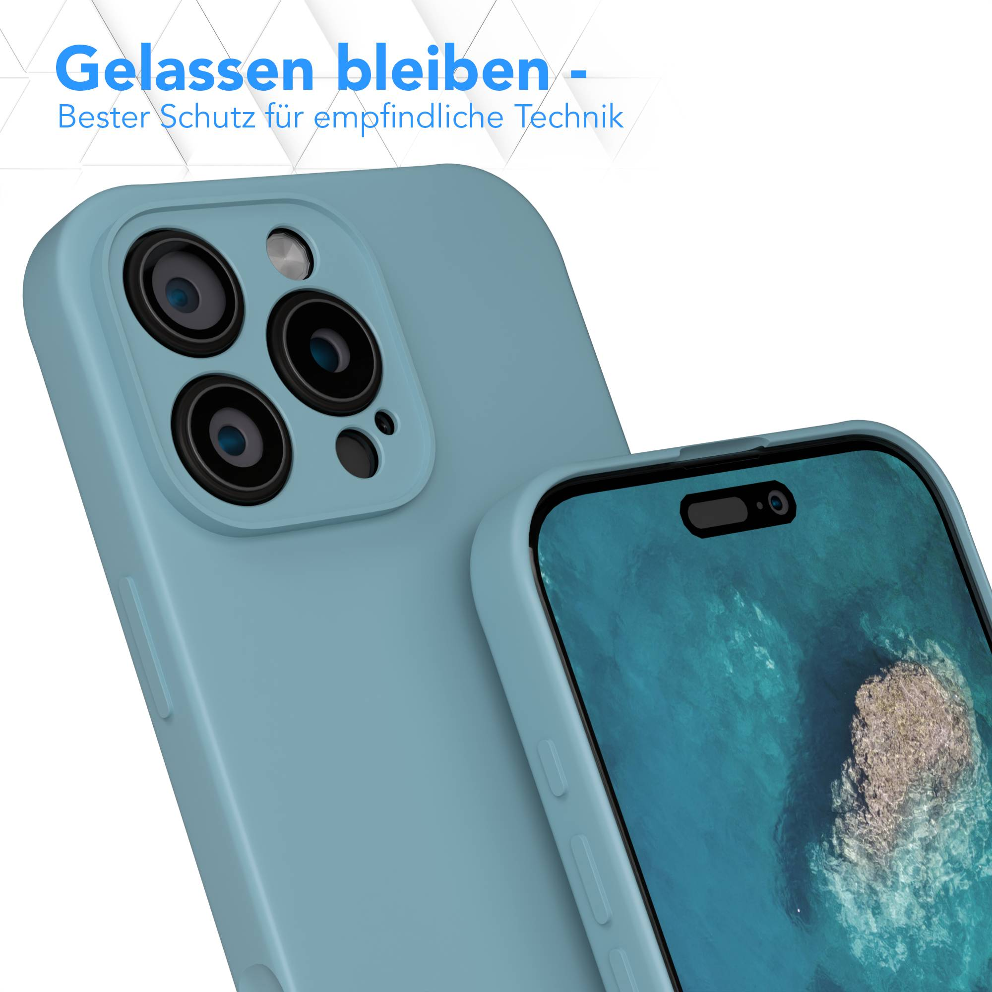 Eine blaue Handyhülle und ein Handy mit blauem Bildschirm. Der Text oben lautet: „Gelassen bleiben – Bester Schutz für empfindliche Technik“.