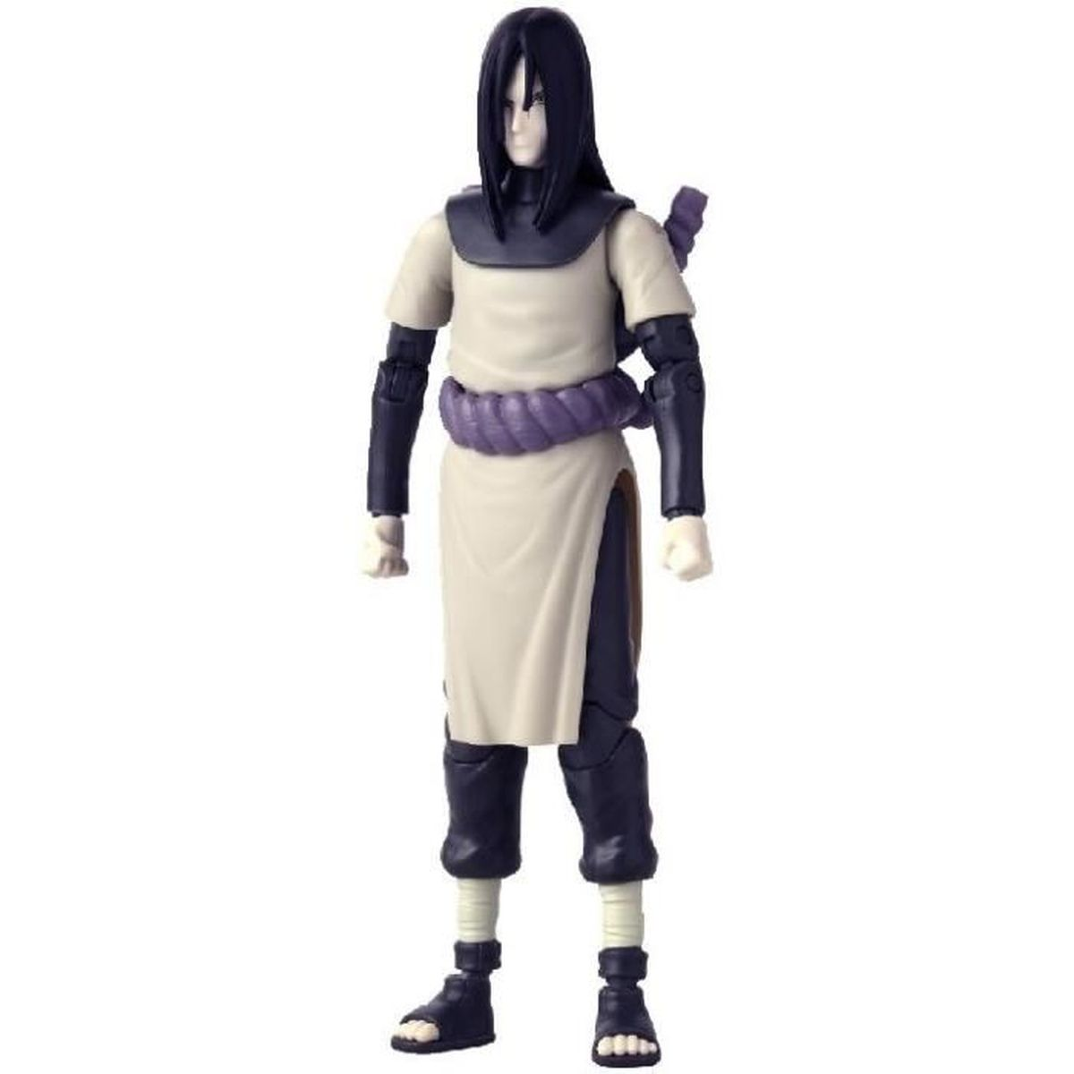 Una figura de Orochimaru de Naruto. Tiene pelo largo negro, piel blanca, un atuendo crema y una cuerda morada alrededor de la cintura. Está de pie.