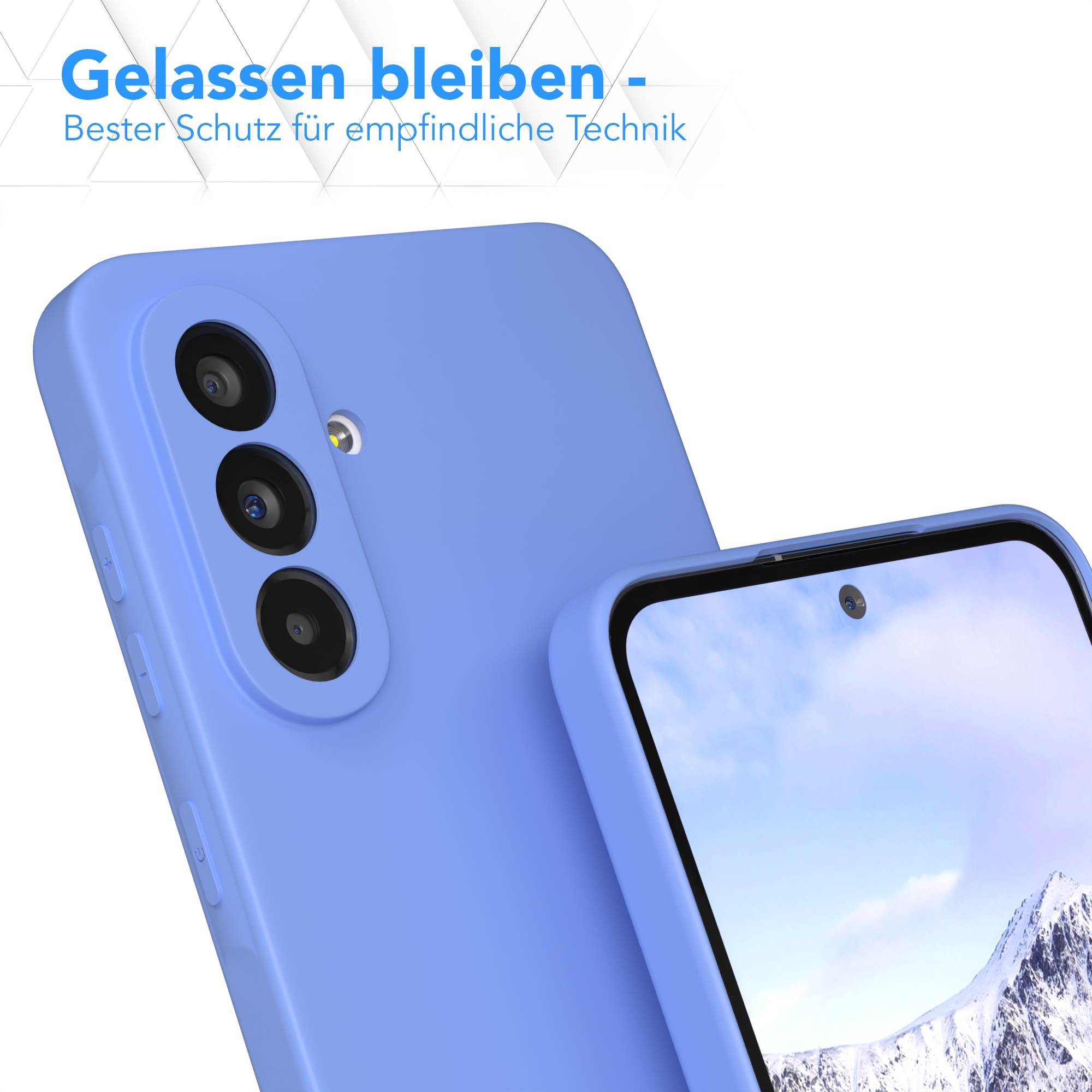 Eine blaue Handyhülle mit drei Kameralinsen liegt auf weißem Untergrund. Text auf Deutsch steht oben.