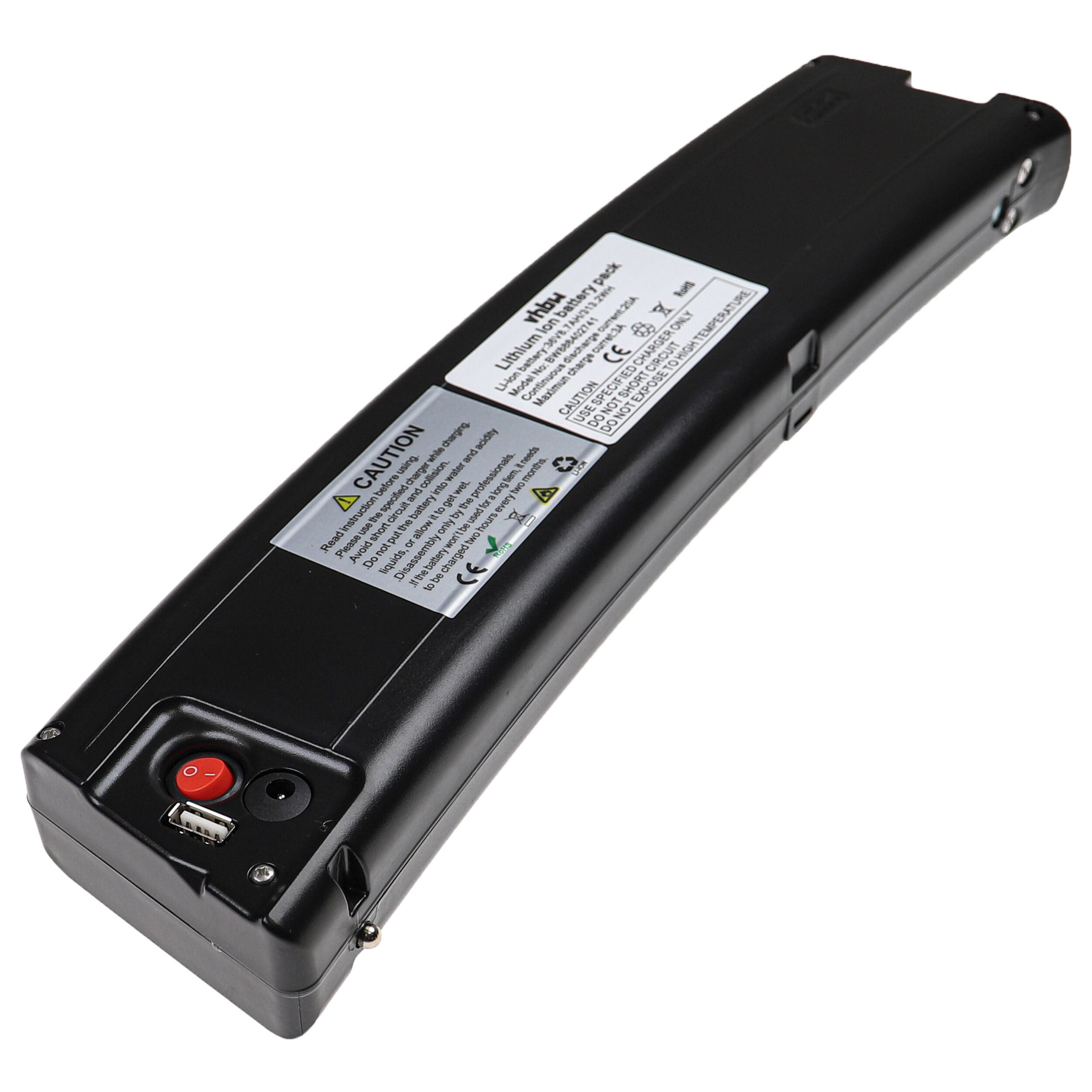 Schwarzer Lithium-Ionen-Akku mit Etiketten. Er hat einen roten Ein-/Ausschalter und einen USB-Anschluss.