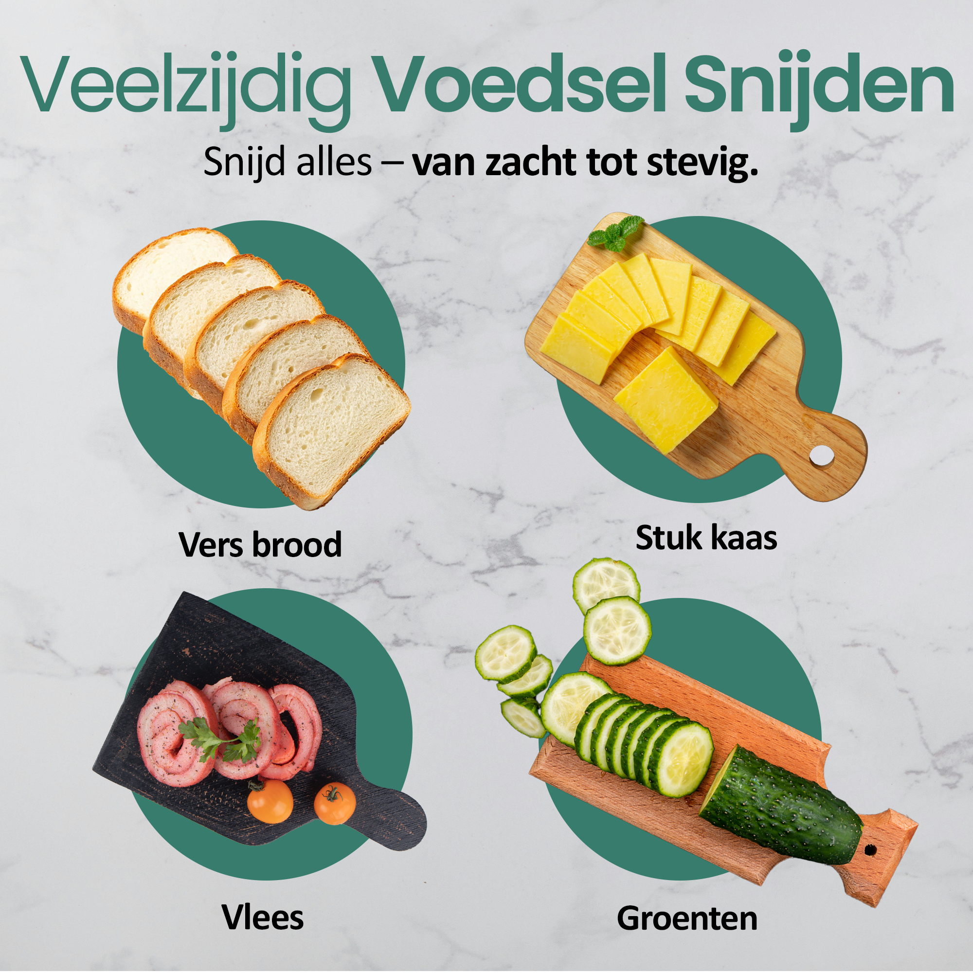 Obraz przedstawia pokrojony chleb, ser, mięso i warzywa na deskach do krojenia. Tekst mówi 'Vers brood', 'Stuk kaas', 'Vlees', 'Groenten'.
