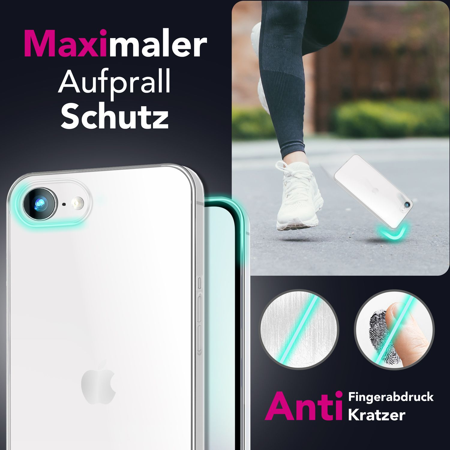 Se muestra un iPhone en una funda protectora. Una persona con ropa deportiva corre al fondo. El texto dice 'Maximaler Aufprall Schutz'.