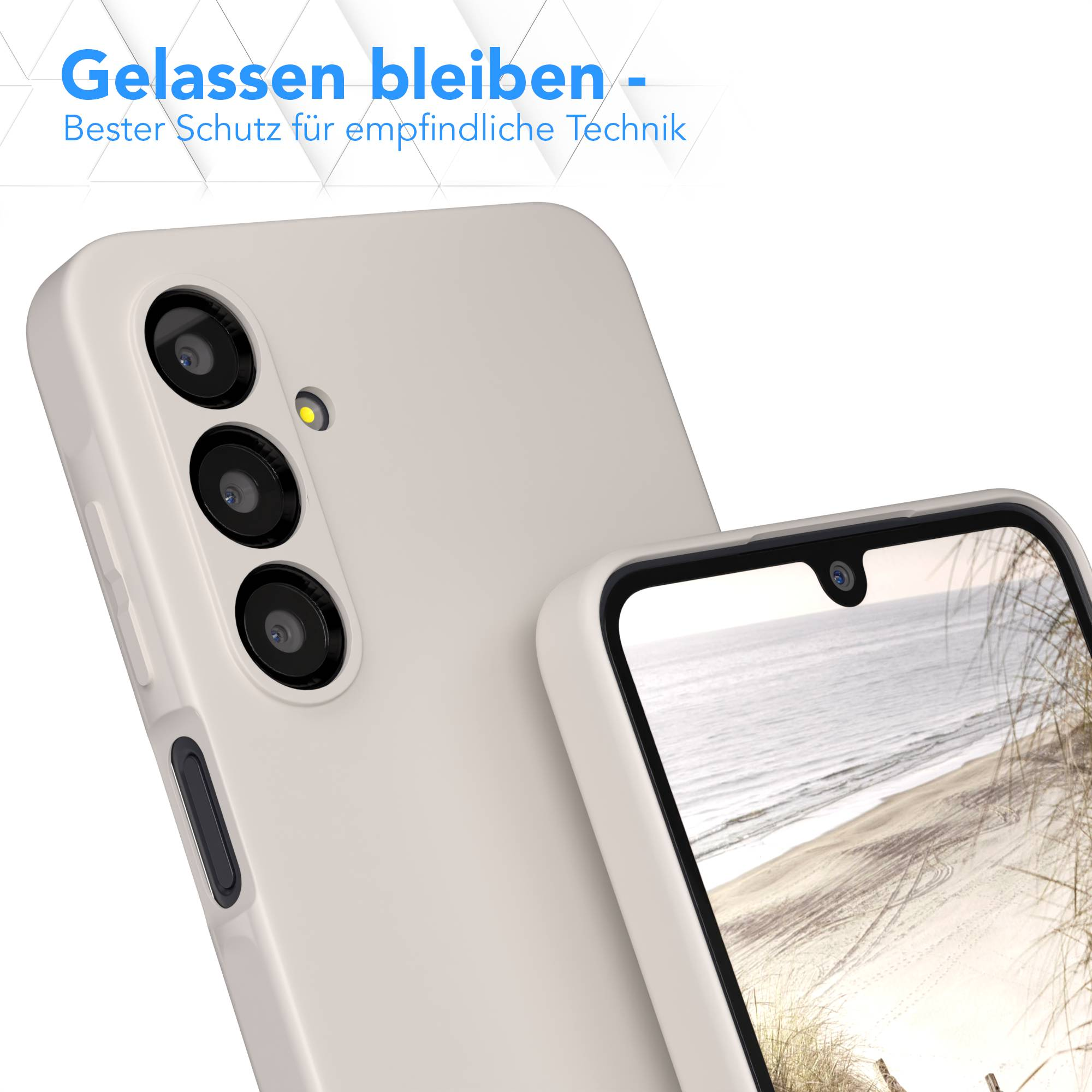 Beige Handyhülle mit drei Kameralinsen. Der Bildschirm des Handys zeigt eine Strandszene. Blauer Text oben.