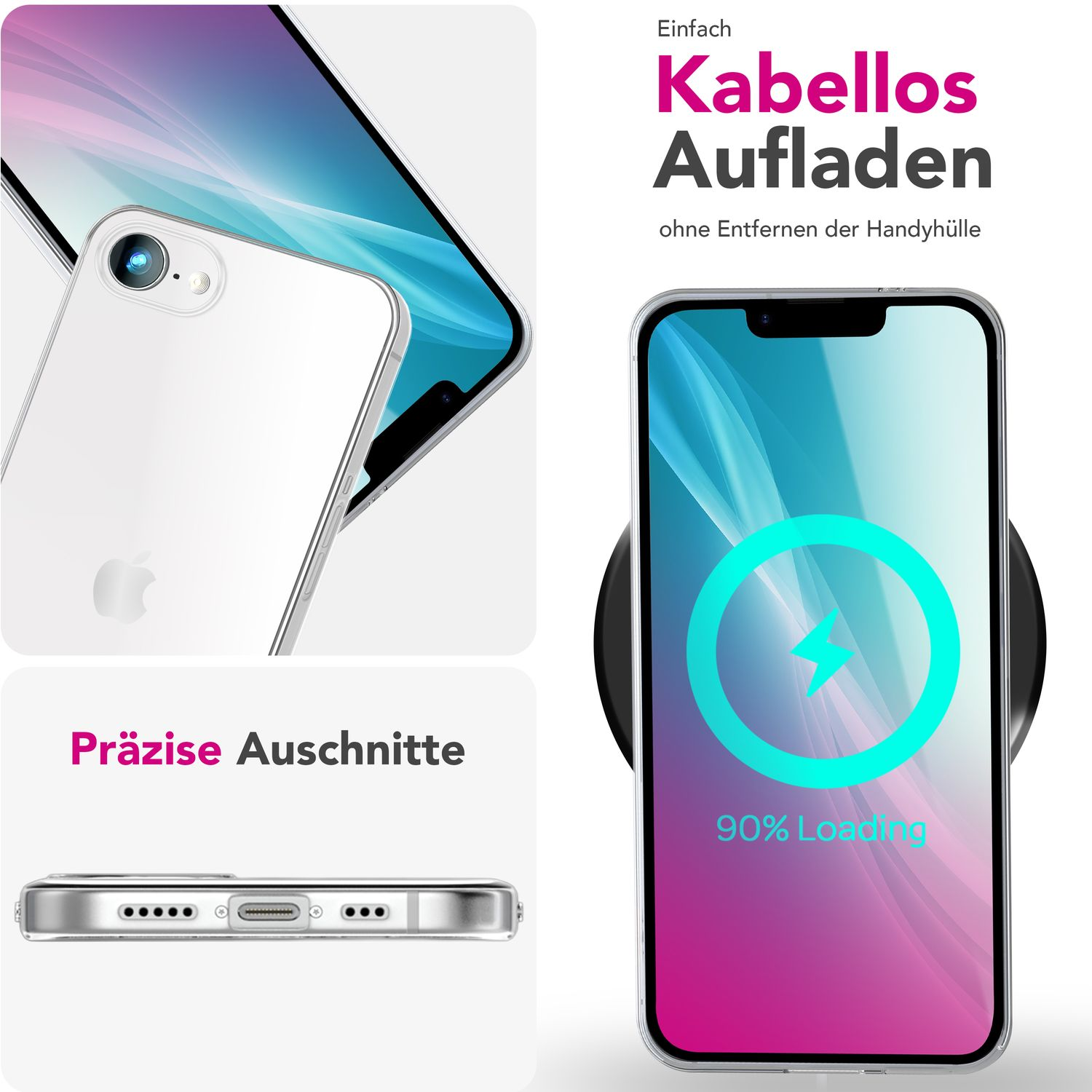 Un teléfono en un cargador inalámbrico muestra carga al 90%. La imagen incluye un teléfono, cargador y texto sobre carga inalámbrica.