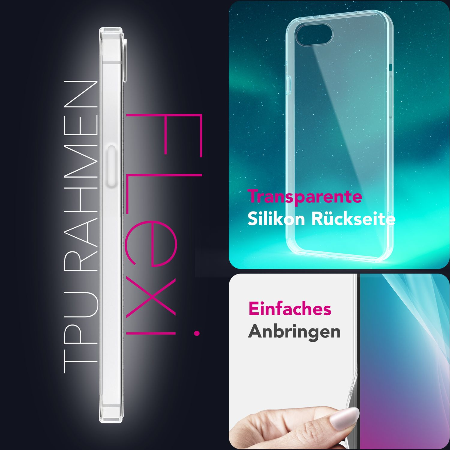 La imagen muestra una funda de teléfono con texto: TPU Rahmen, iXo.e! Se muestra una funda transparente, con texto en alemán: Transparente Silikon Rückseite.