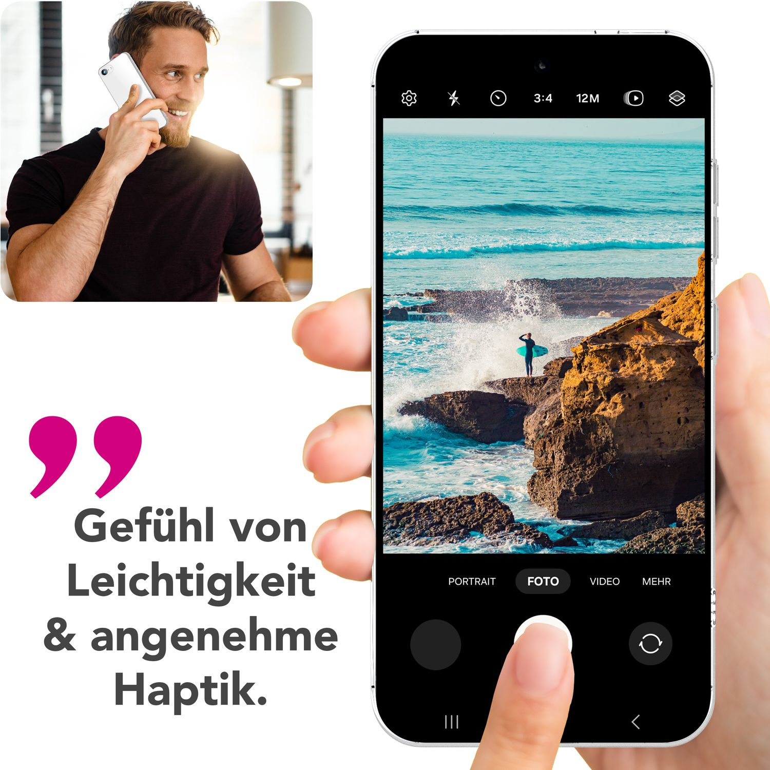 Una persona sostiene un teléfono que muestra una escena de playa. Un hombre habla por teléfono en la esquina. Texto: Sensación de ligereza y tacto agradable.