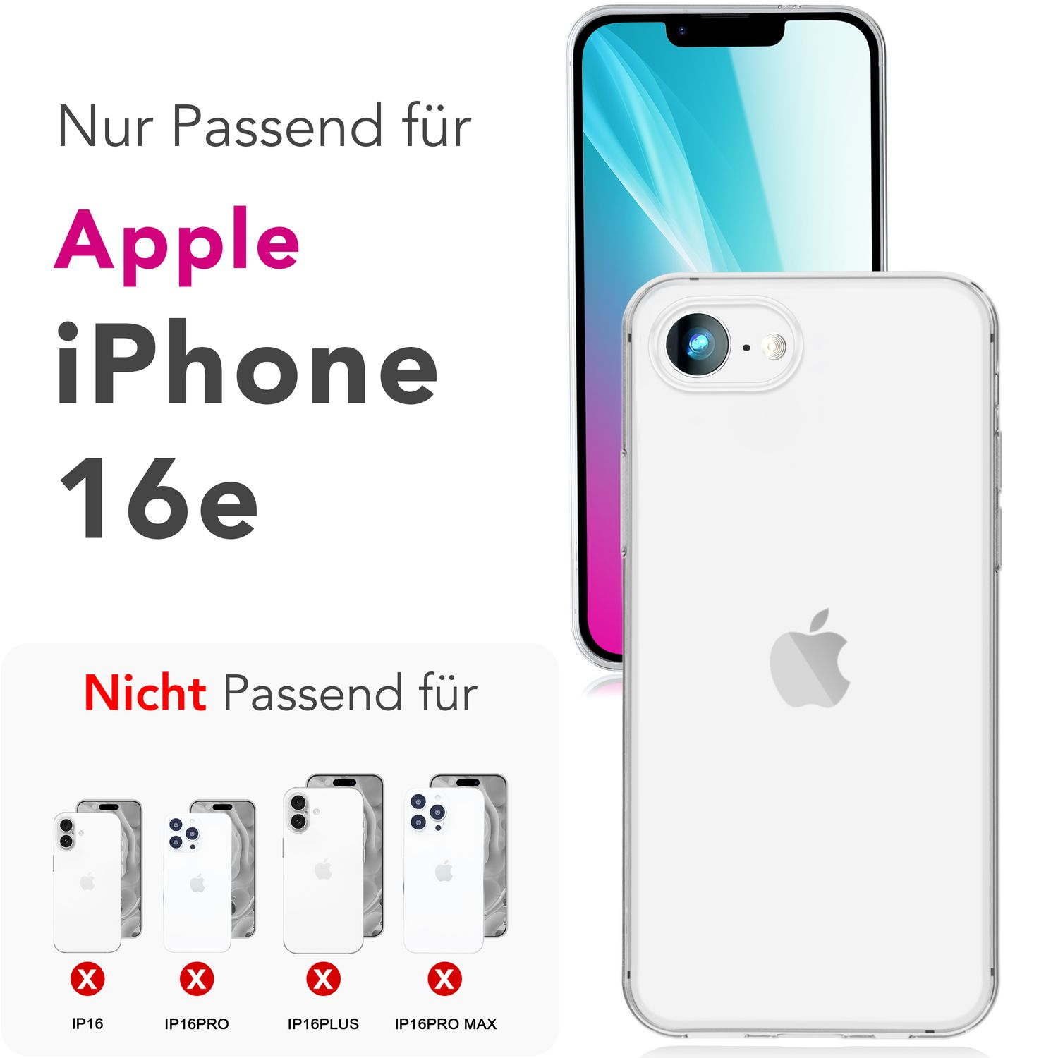 Imagen muestra un iPhone 16e con funda transparente. El texto indica compatibilidad e incompatibilidad con otros modelos.