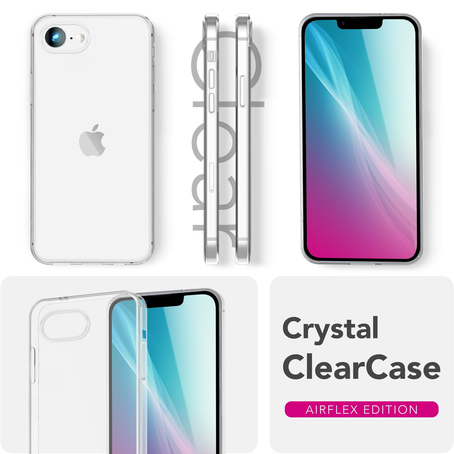 Funda transparente para teléfono con un teléfono, que muestra las vistas lateral y frontal. La funda es transparente como el cristal. El texto dice Crystal ClearCase.