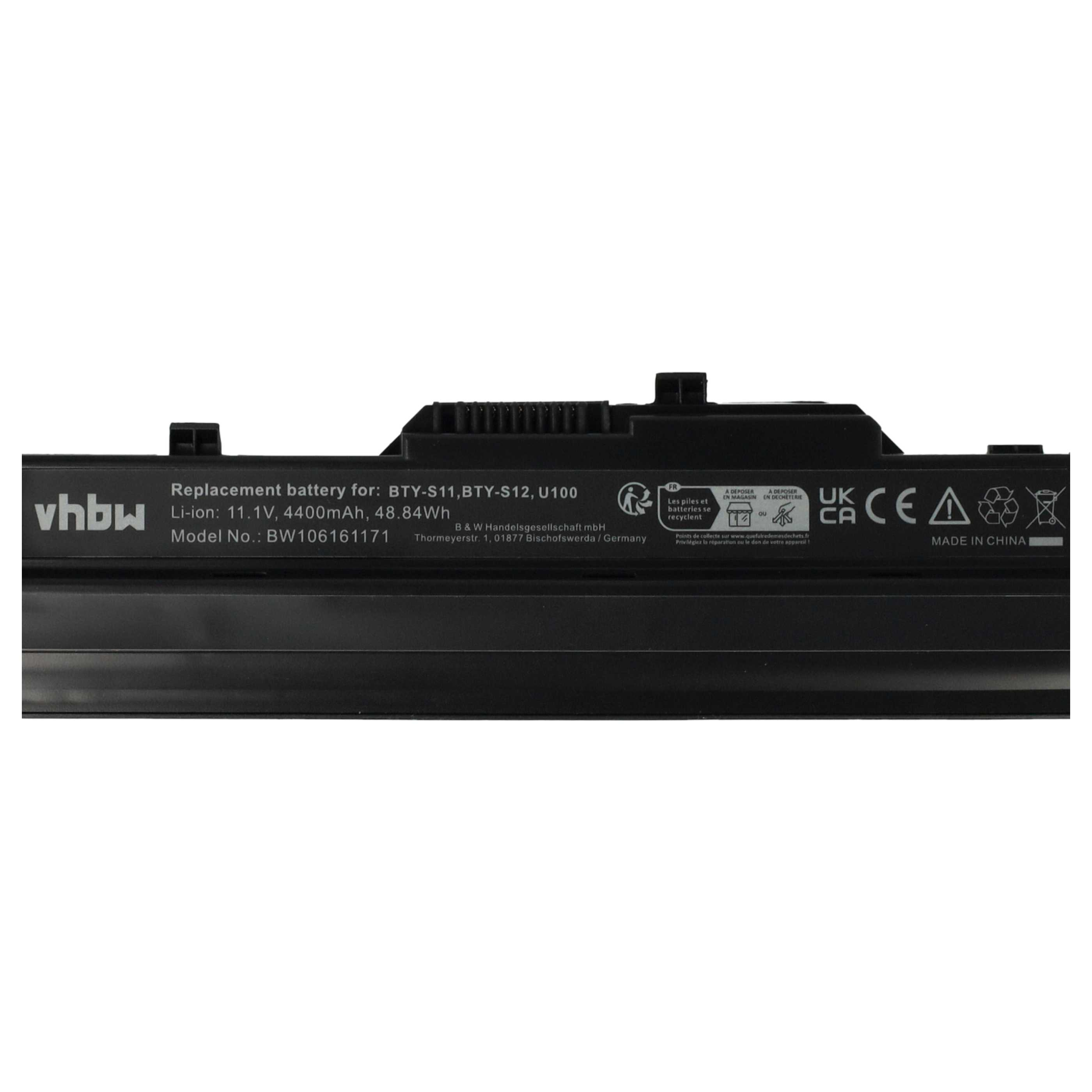 Ein schwarzer Akku mit Text wie 'vhbw' und 'Replacement battery'. Enthält Recycling-Symbole und Zertifizierungen.