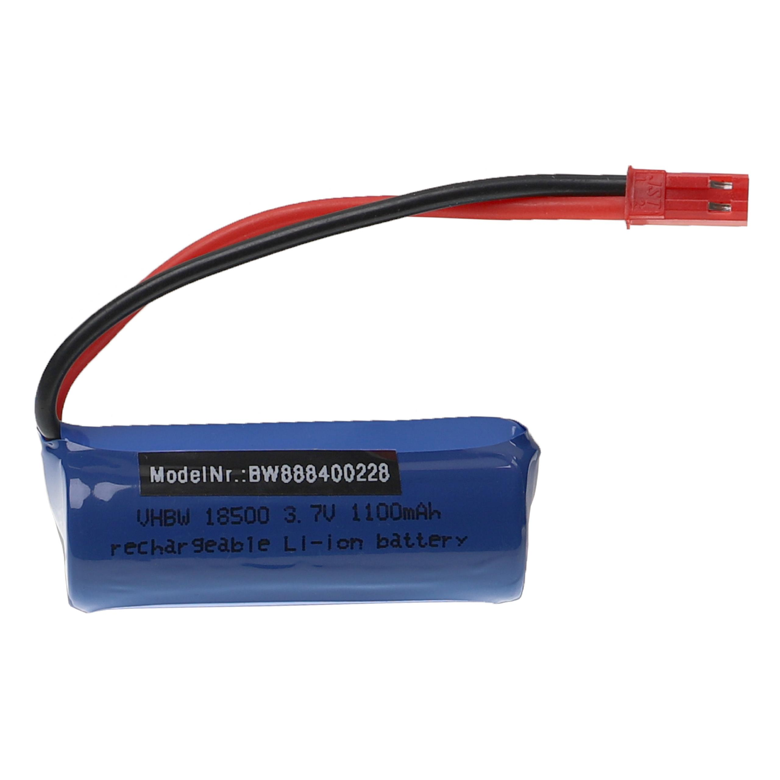 Ein blauer wiederaufladbarer Li-Ionen-Akku mit schwarzen und roten Drähten und einem roten Stecker. Es ist vor einem weißen Hintergrund.
