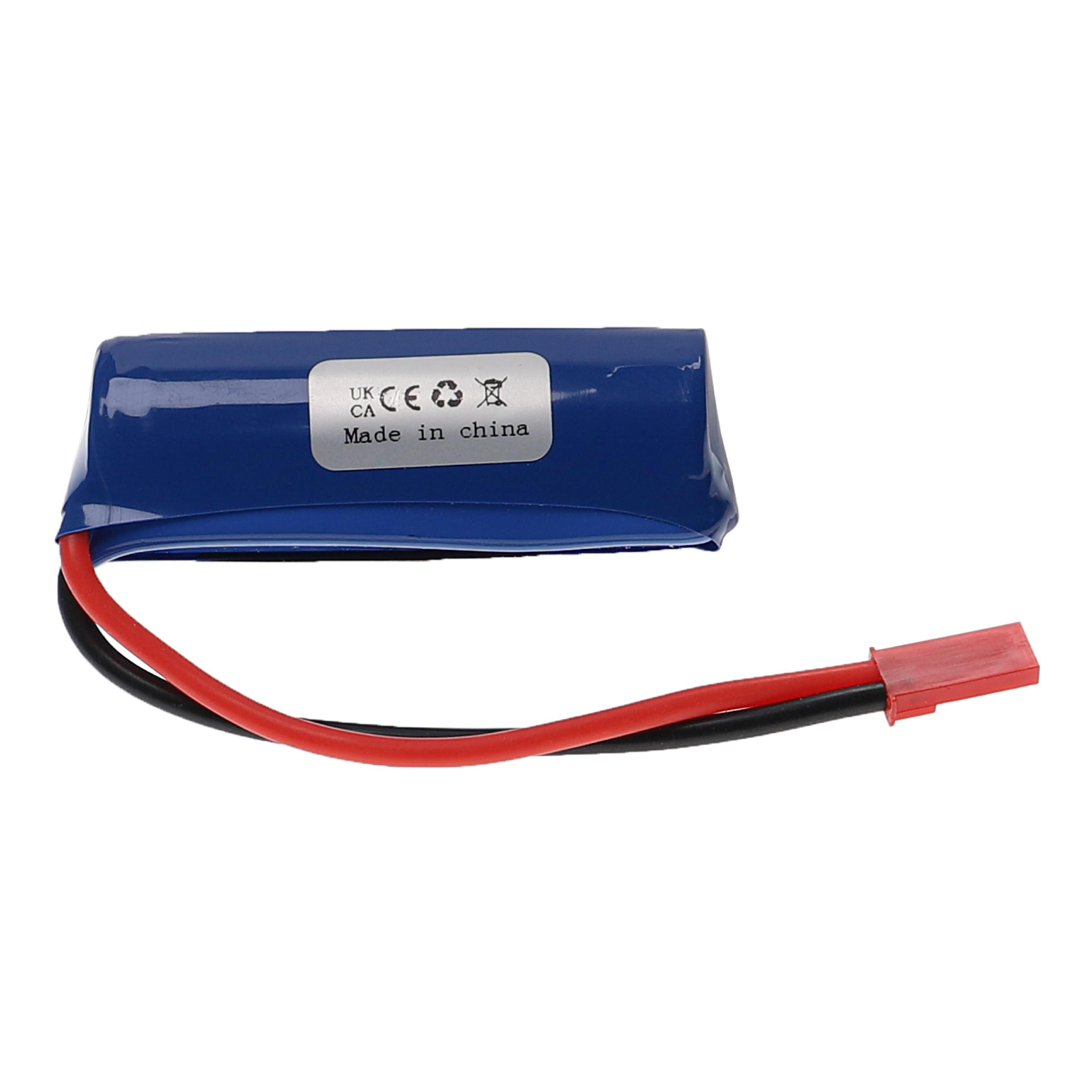 Ein blauer Akku mit Etikett, schwarzen und roten Drähten und einem roten Stecker auf weißem Hintergrund.