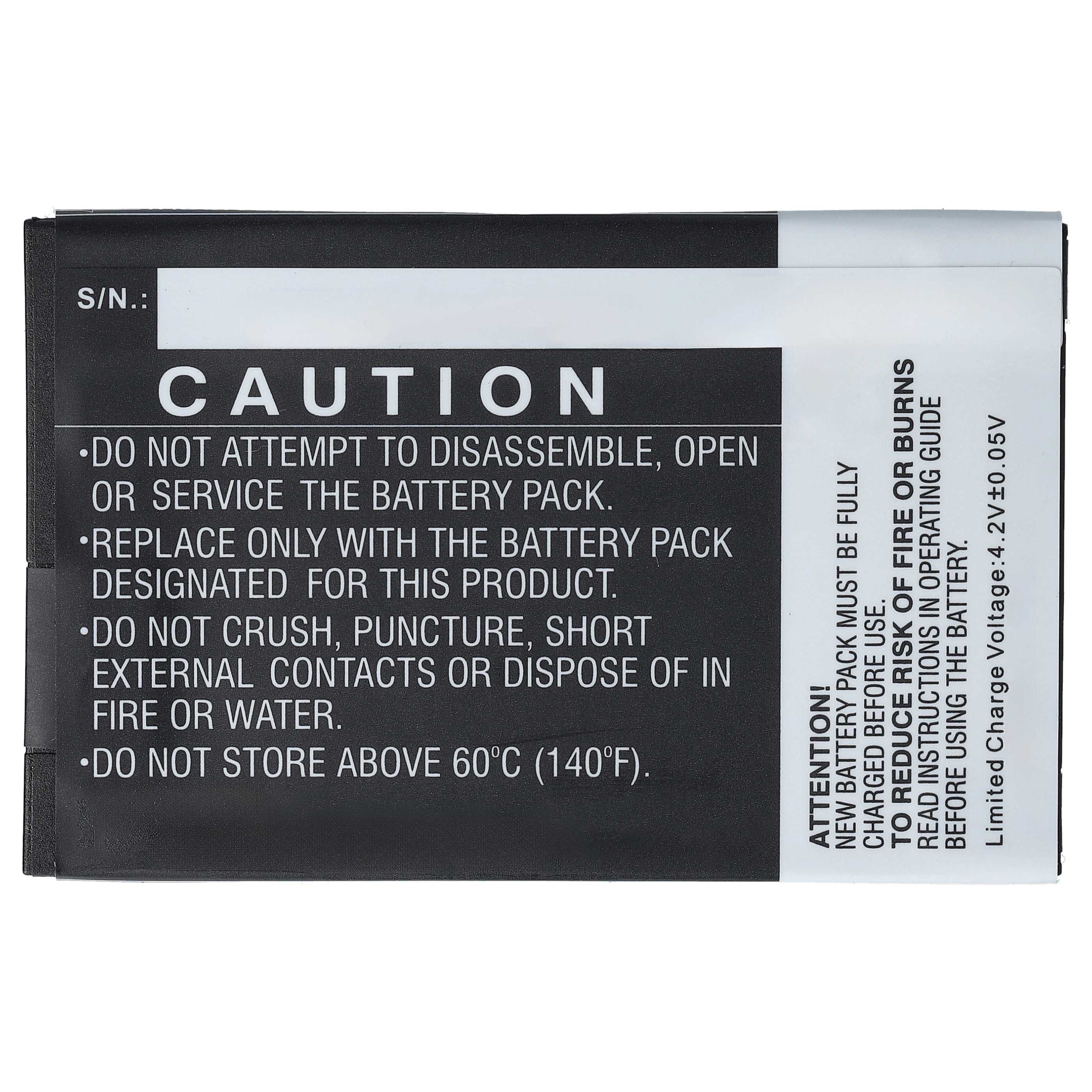 Ein schwarz-weißes Etikett mit Sicherheitshinweisen. Text enthält 'VORSICHT' und Anweisungen zur Handhabung der Batterie und Temperaturgrenzen.