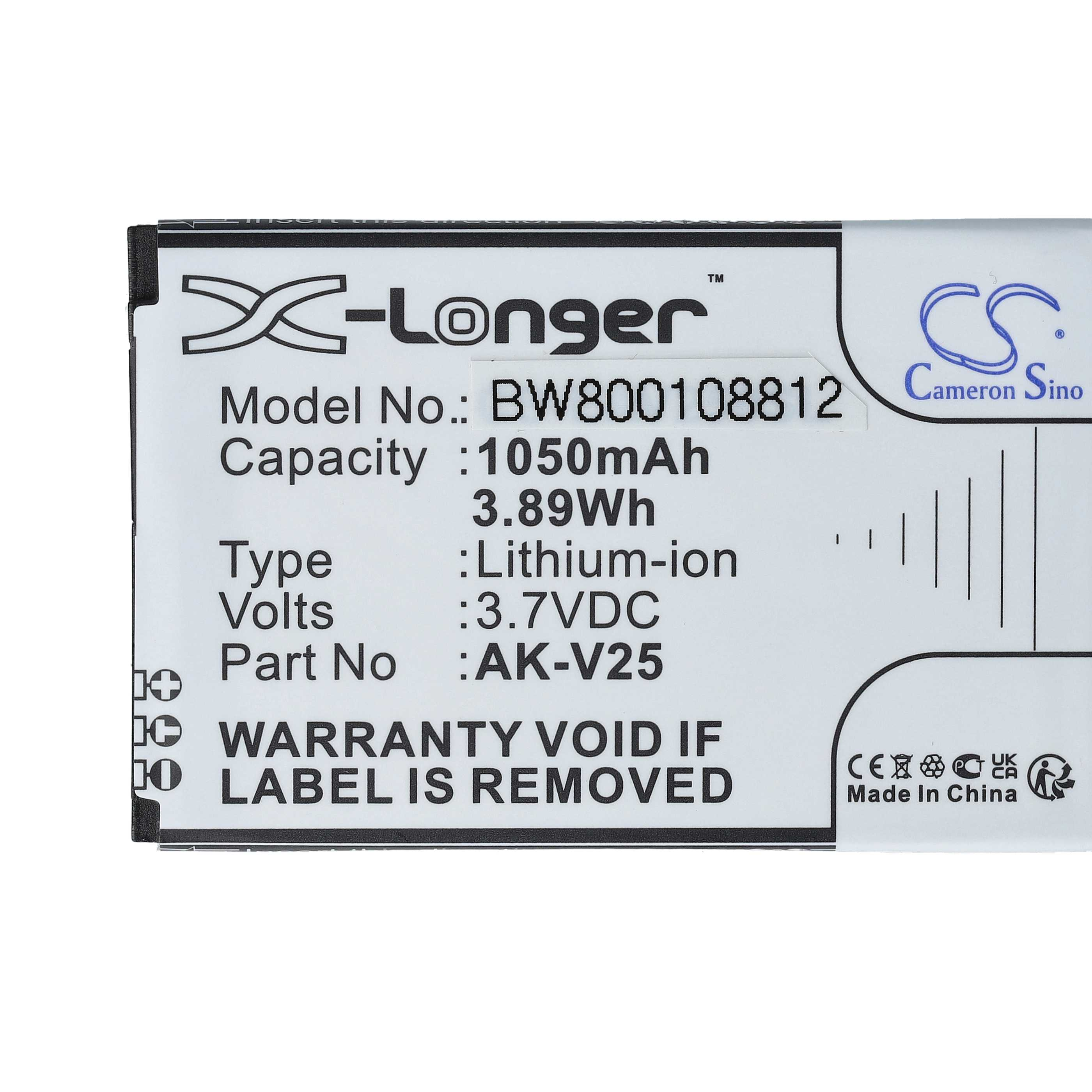 Ein weißes Etikett mit schwarzem Text. Es hat die Marke X-Longer, das Modell, die Kapazität, den Typ, die Volt und die Teilenummer.