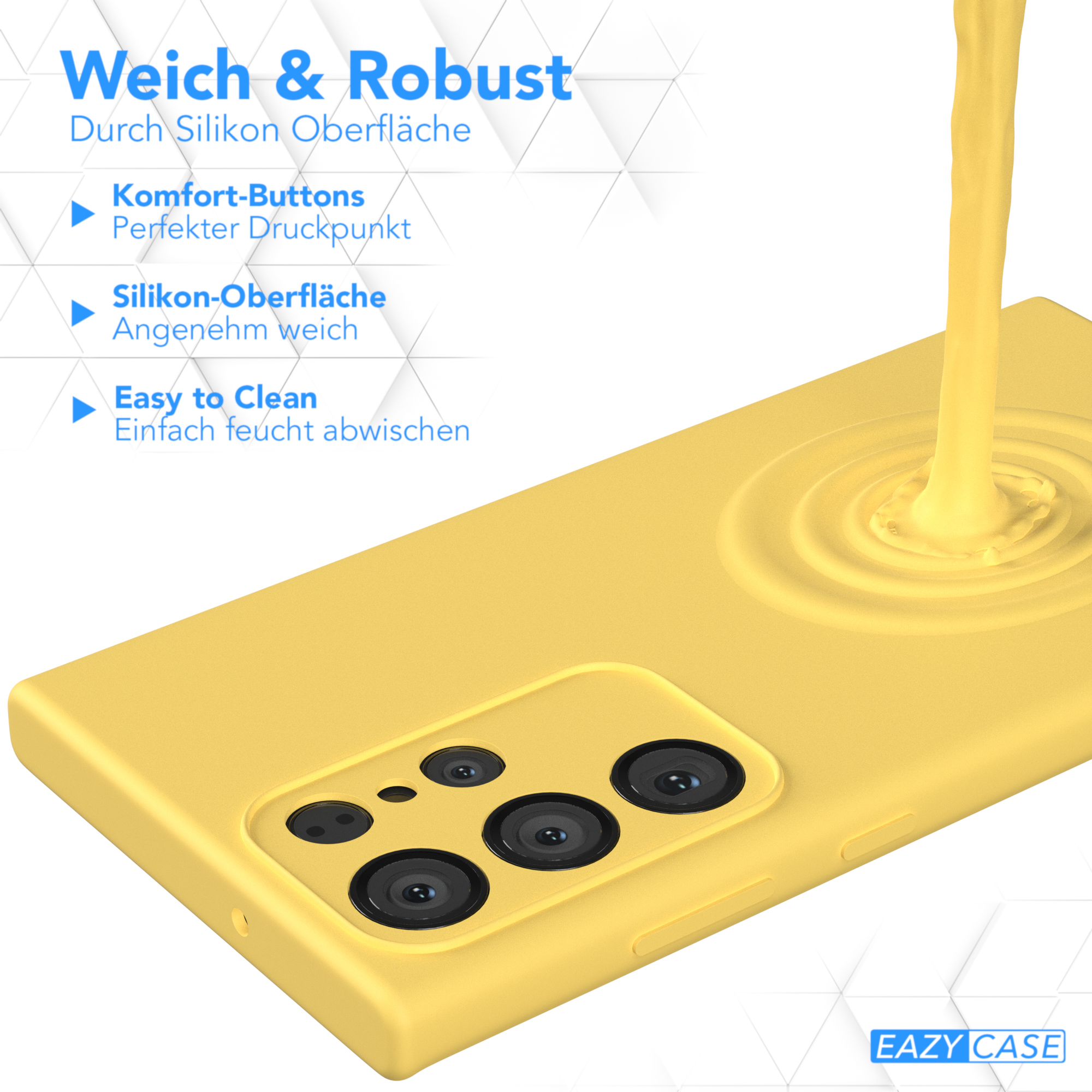 Gelbe Handyhülle mit Flüssigkeit. Text enthält 'Weich & Robust', Komfort-Buttons und Easy to Clean.