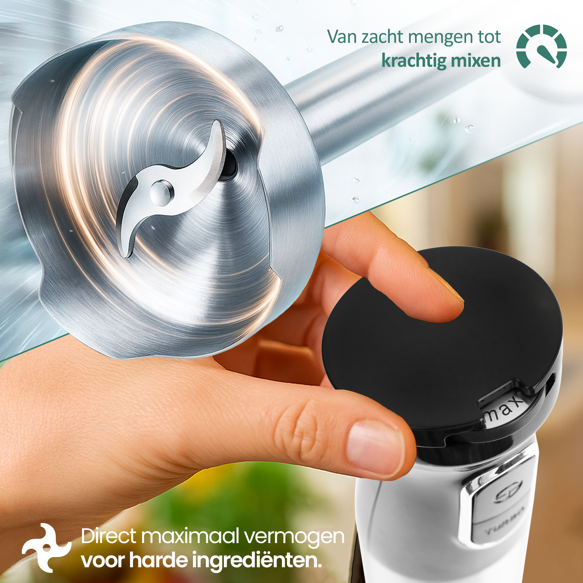 Hand houdt een blender met metalen mes vast. De instellingen tonen maximaal vermogen, geschikt voor harde ingrediënten.