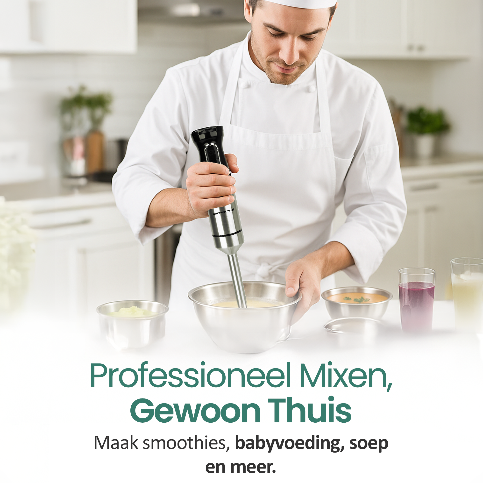 Een chef-kok in wit uniform gebruikt een staafmixer in een stalen kom. Andere kommen met eten staan op tafel.